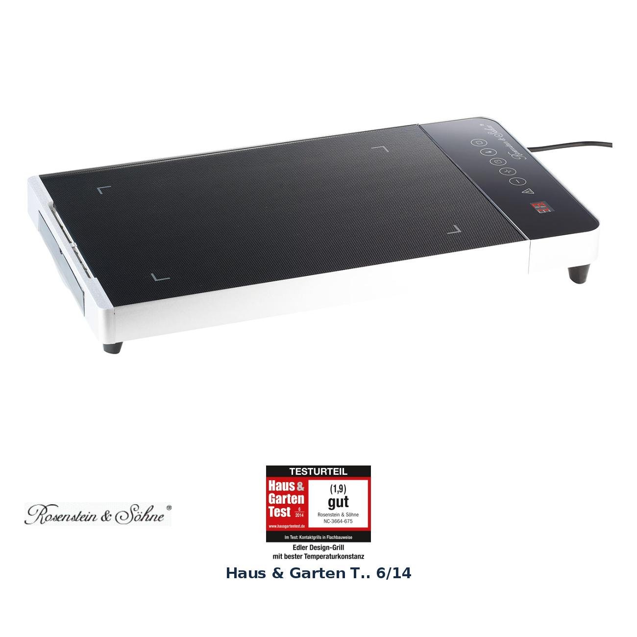 Rosenstein & Söhne Ceran Grill: Tisch-Glasgrill mit Touchpad und Timer, 800 W, bis 300 °C (Teppanyaki, Glaskeramik Grillplatte, BBQ)