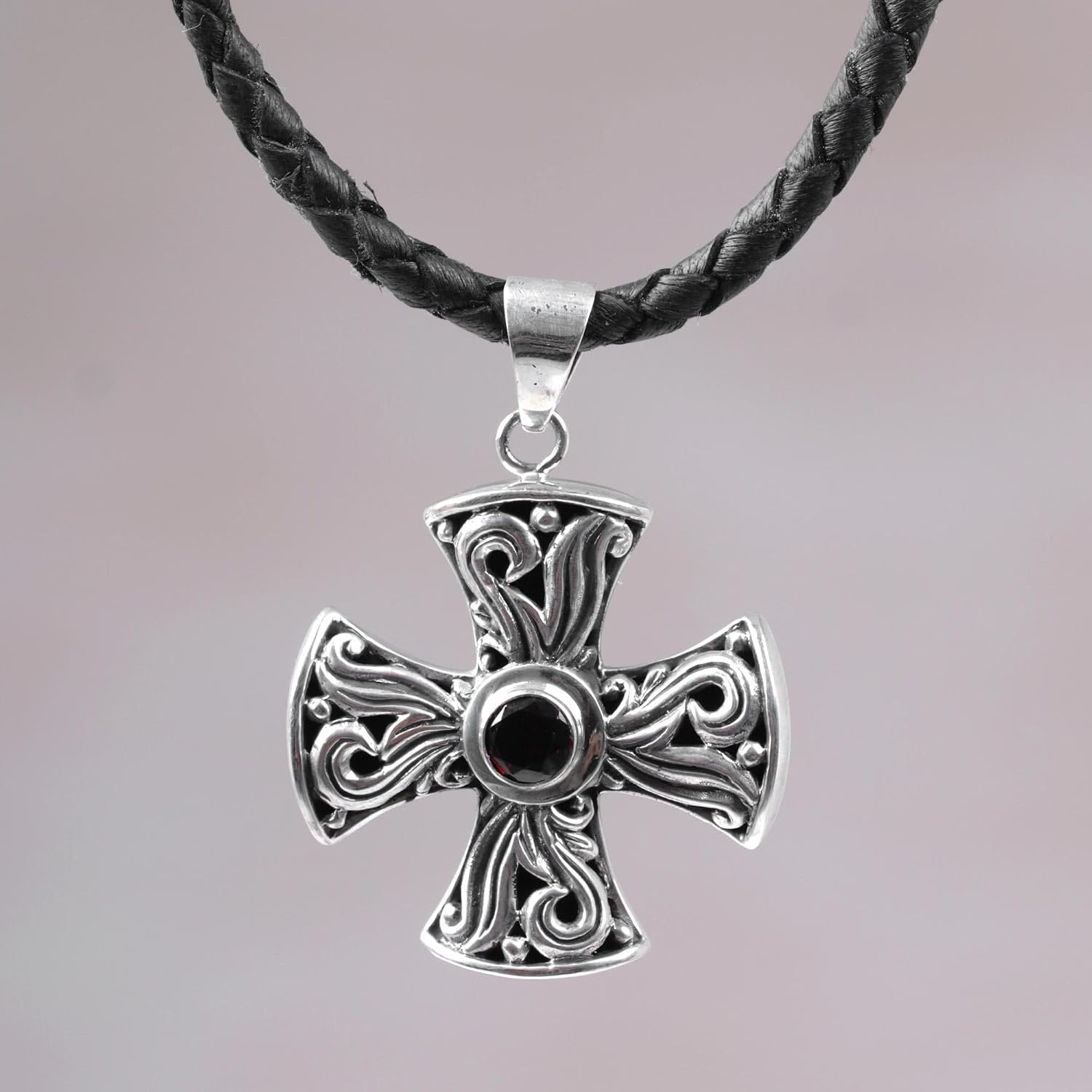 NOVICA Artisan Handmade Men's Garnet Cross Necklace Sterling Silver Leather Red Pendant Indonesia Birthstone [18.5 in L 3 mm W Pendant(s) 1.4 in L x 1 in W] ' Fire of Faith'
