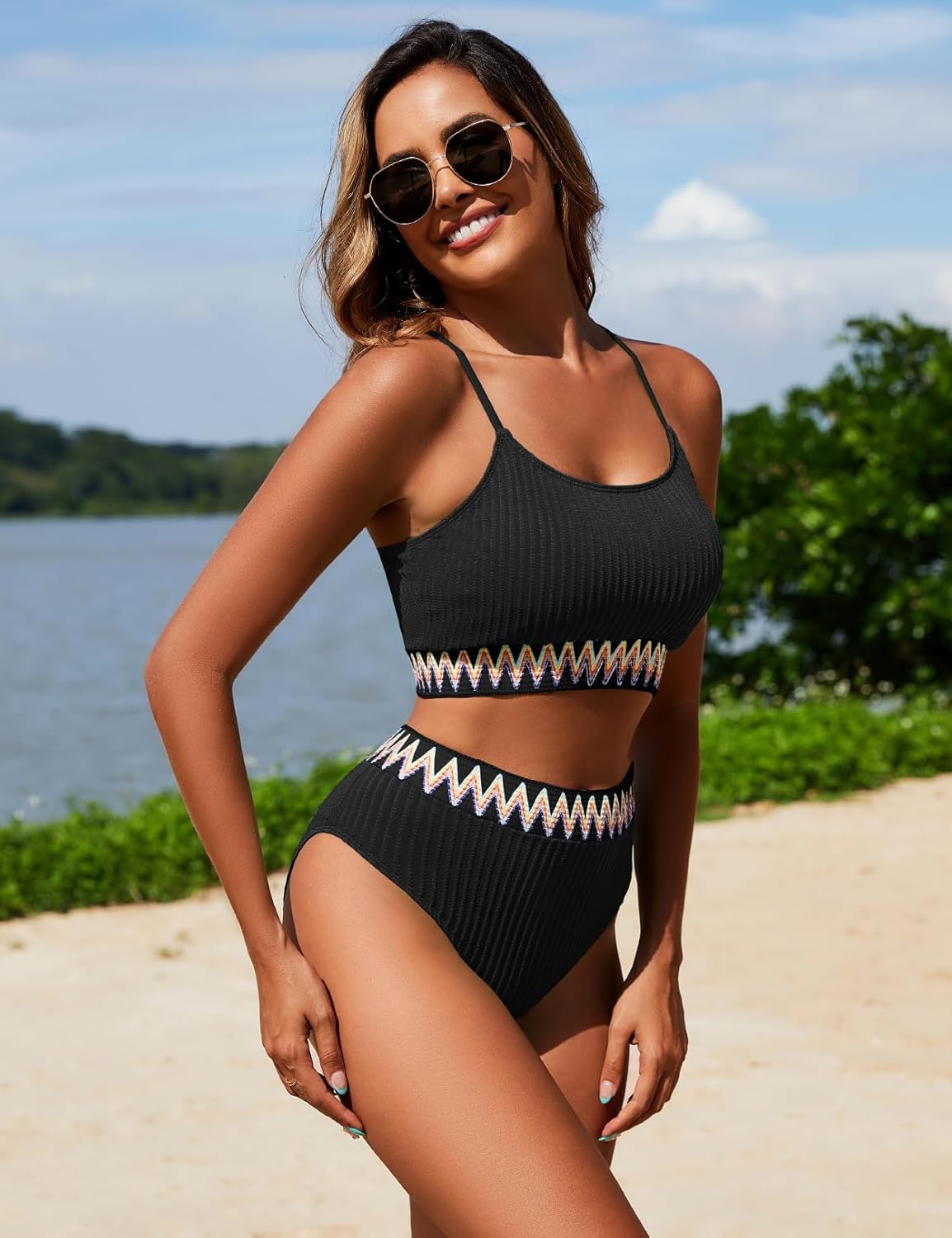 Zuvebamyo Women's High Waisted Swimsuit Two Piece Ribbed Bikini Sets Crop Top High Cut Cheeky Bathing Suits