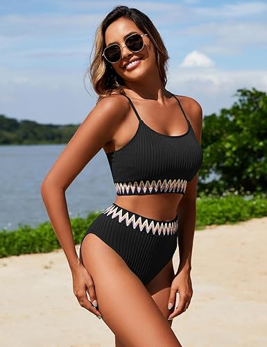 Miniatura 5 de Zuvebamyo Traje de baño de cintura alta para mujer, conjunto de bikini acanalado de dos piezas, top corto, corte alto, trajes de baño atrevidos