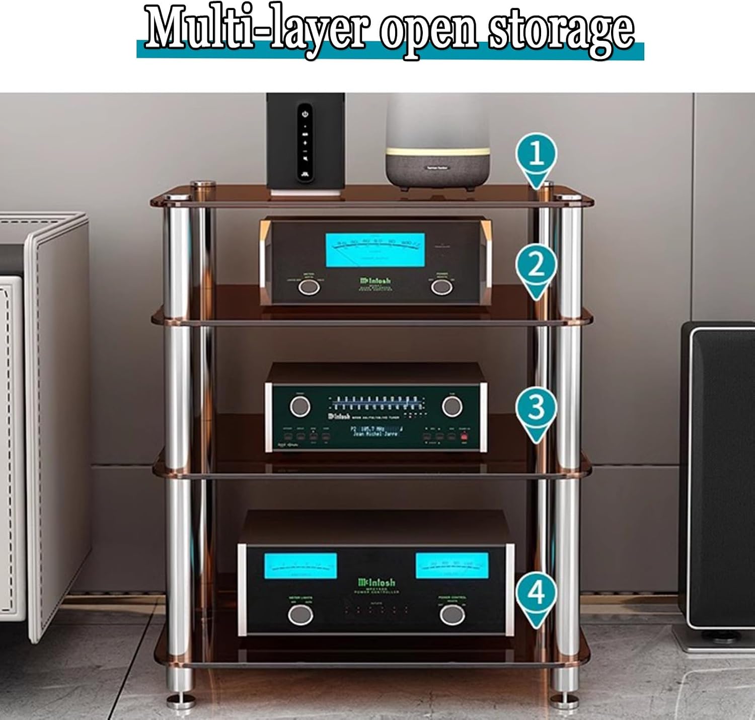 Media Stand, Media Storage Cabinet with Tempered Glass Panel, Video Media Stand with Stainless Steel Legs, Audio Rack with Shock-Absorbing Foot Pads(White,8cm/3.1in)