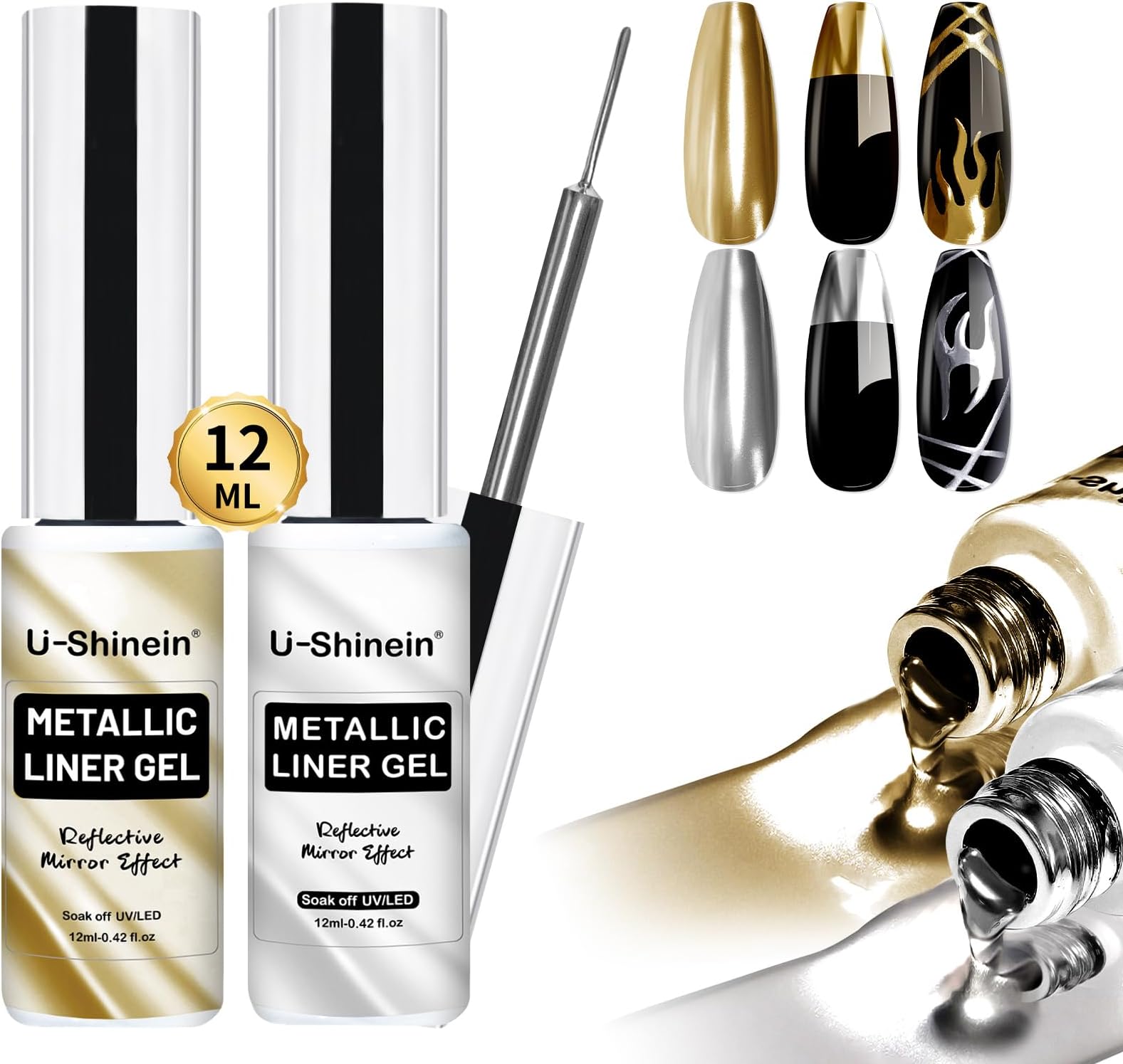 Neepoms 6pcs Metal Liner Gel Nail Polish Metallic Line Gel