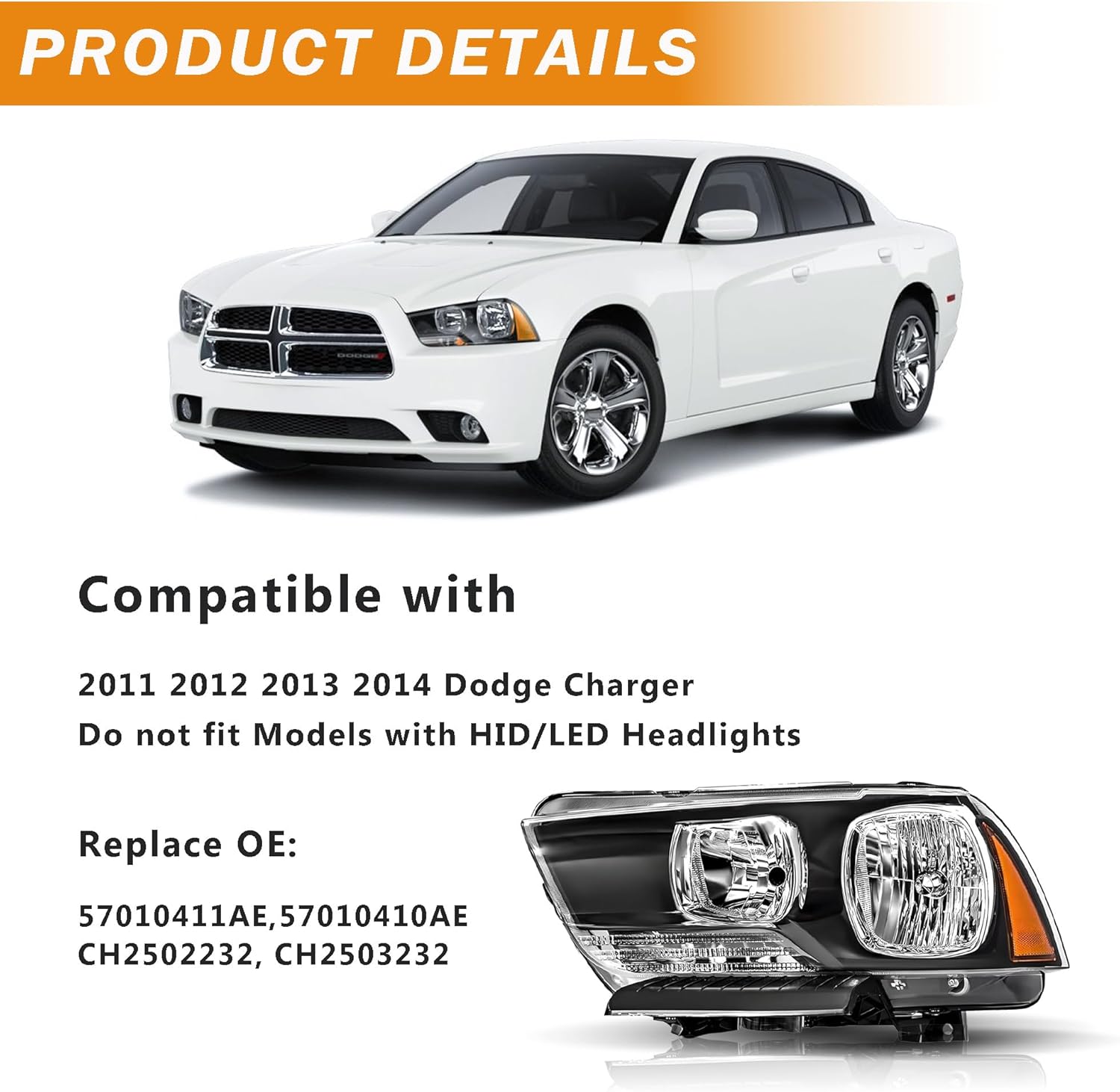 Headlights Assembly Compatible with 2011 2012 2013 2014 Dodge Charger Halogen Headlamp NOT HID Model, Black Housing Amber ReflectorAmber Side