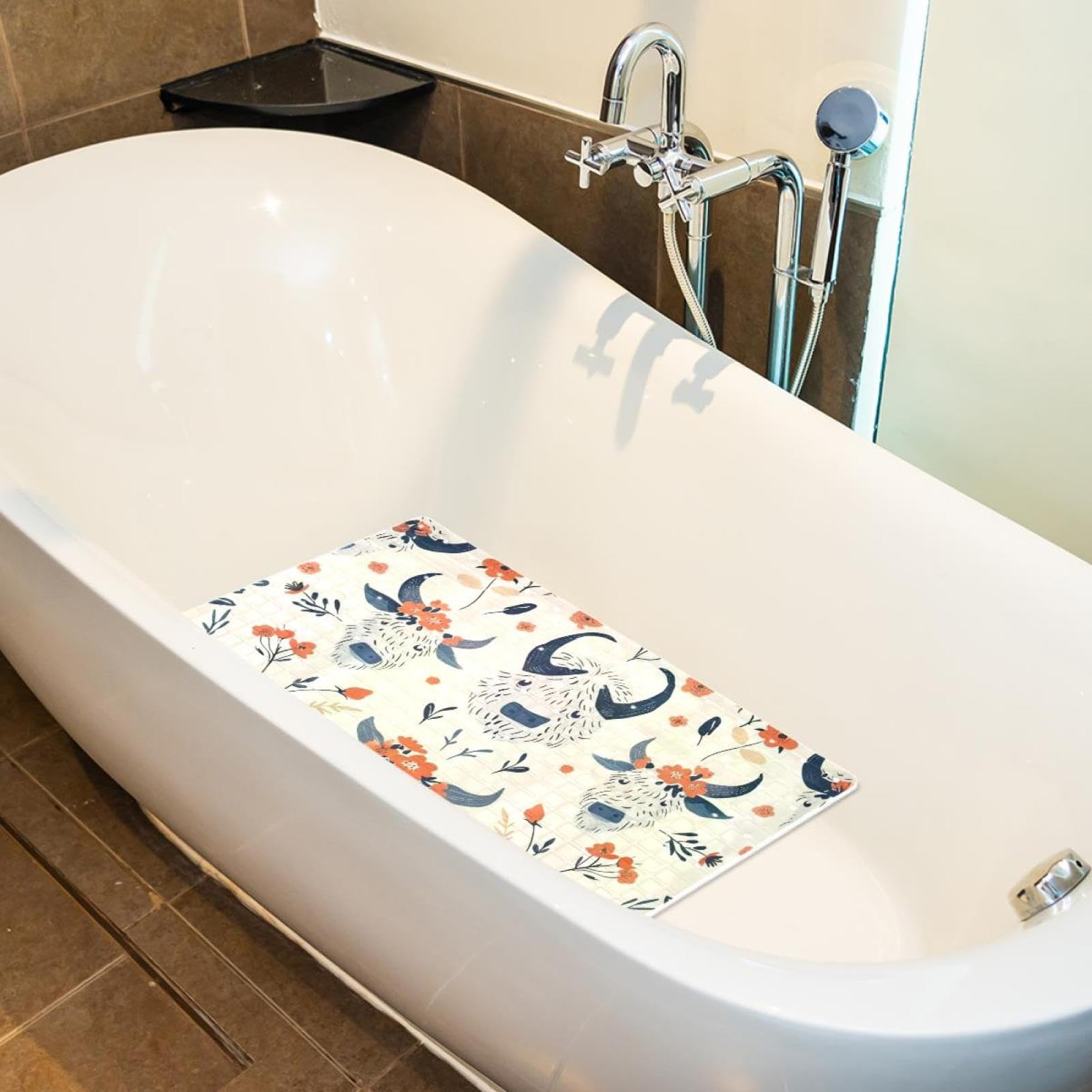 Tapis de bain de qualité supérieure - Antidérapant, facile à nettoyer et sans danger pour toute la famille - Motif têtes de yaks florales