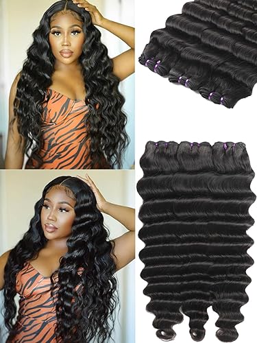 Miniatura 9 de 4 manojos de cabello humano suelto de onda profunda de 24, 26, 28, 30 pulgadas, 100% sin procesar, cabello brasileño sin procesar, largo, suelto,