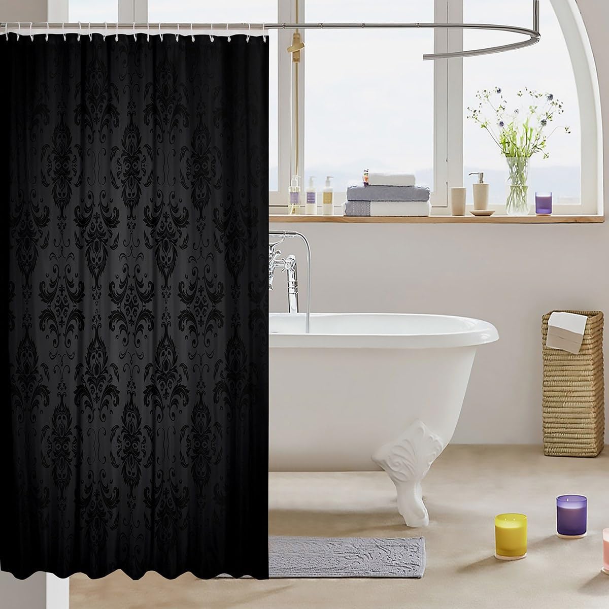 Feelyou Black Damask Shower Curtain 72"x84" Kids Vintage Floral Bathroom Shower Curtain Set for Boys Girls Teens Antique Victorian Baroque Bath Curtain Baroque Style Bathroom Accessories