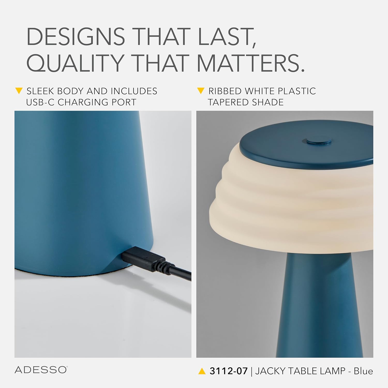 Adesso Cordless Table Lamp with 3-Level Touch Dimmer & Built-in Rechargeable Battery – 12.5" Tall Touch Lamp, Dusty Blue Finish image 4