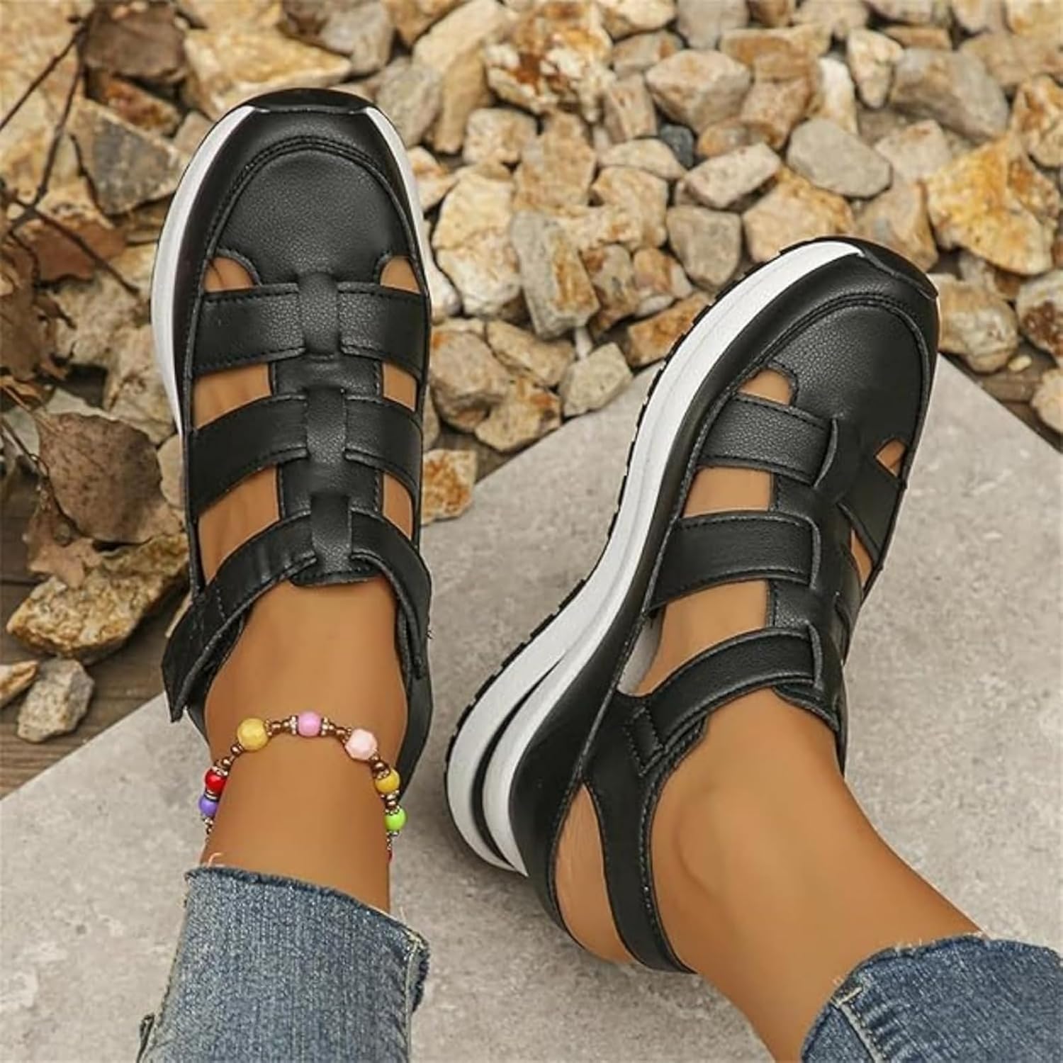 Women's Hollow Out Breathable Platform Wedge Sandals Sneakers,Closed Toe Sandals for Women Summer Adjustable White Sandals