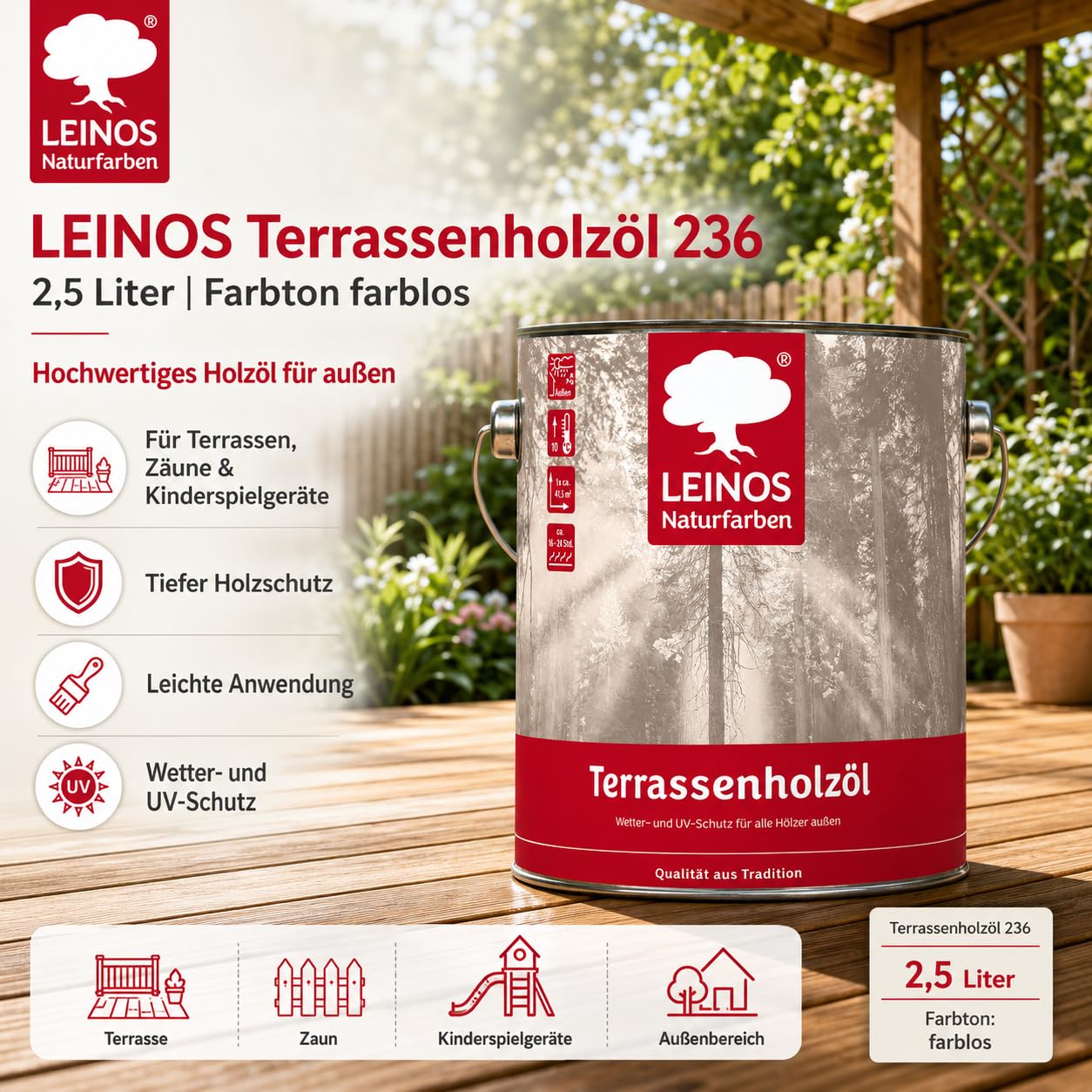 LEINOS Terrassenholzöl 236 | 2,5 Liter | Hochwertiges Holzöl für außen | Für Terrassen, Zäune, Kinderspielgeräte | Farbton: farblos | Tiefer Holzschutz & leichte Anwendung