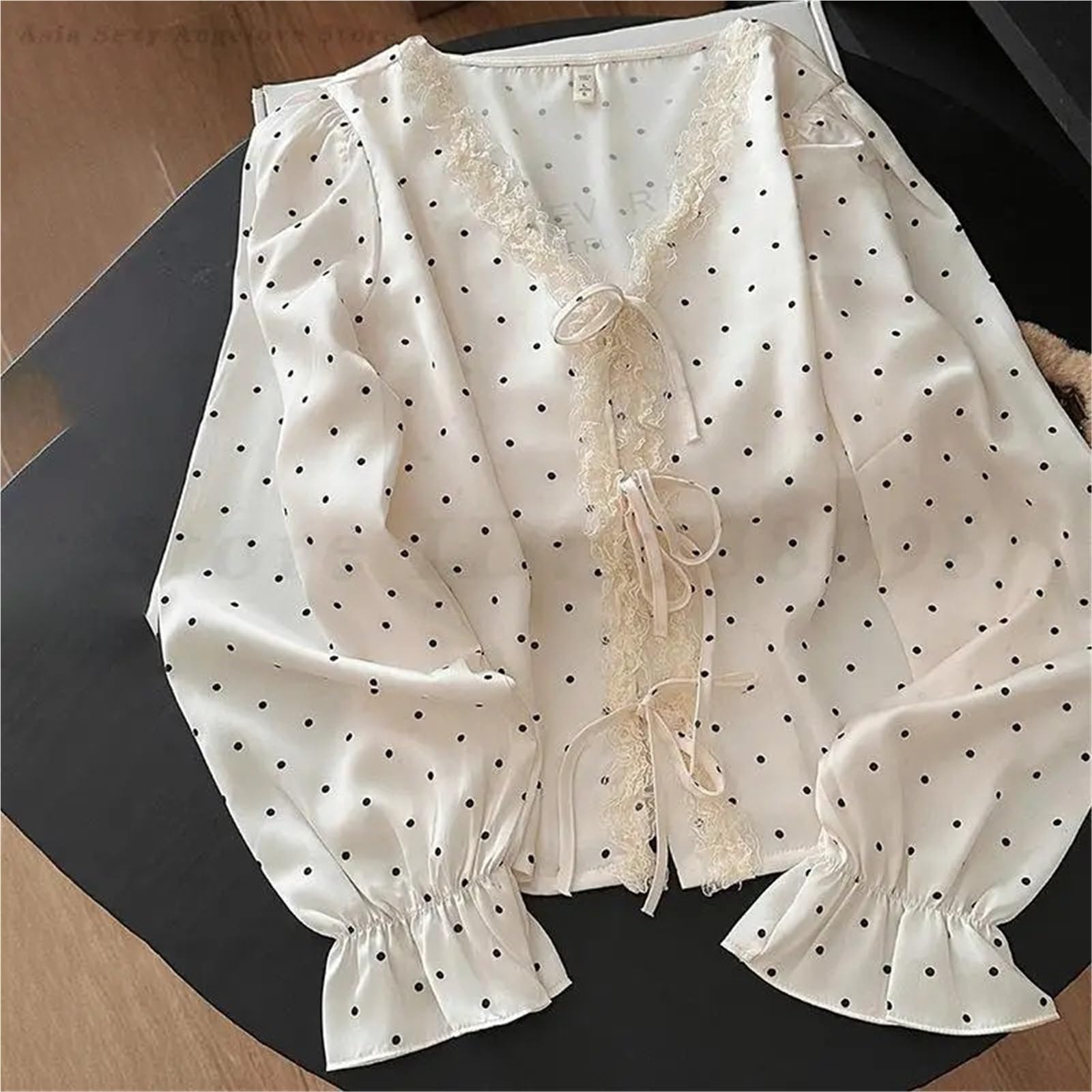 Conjunto de Pijama 2 uds con Borde Volantes Lunares, Ropa Dormir Seda Helada for Primavera y Verano, Holgada Suave Manga Larga Cuello en V for Mujer para Descanso en casa