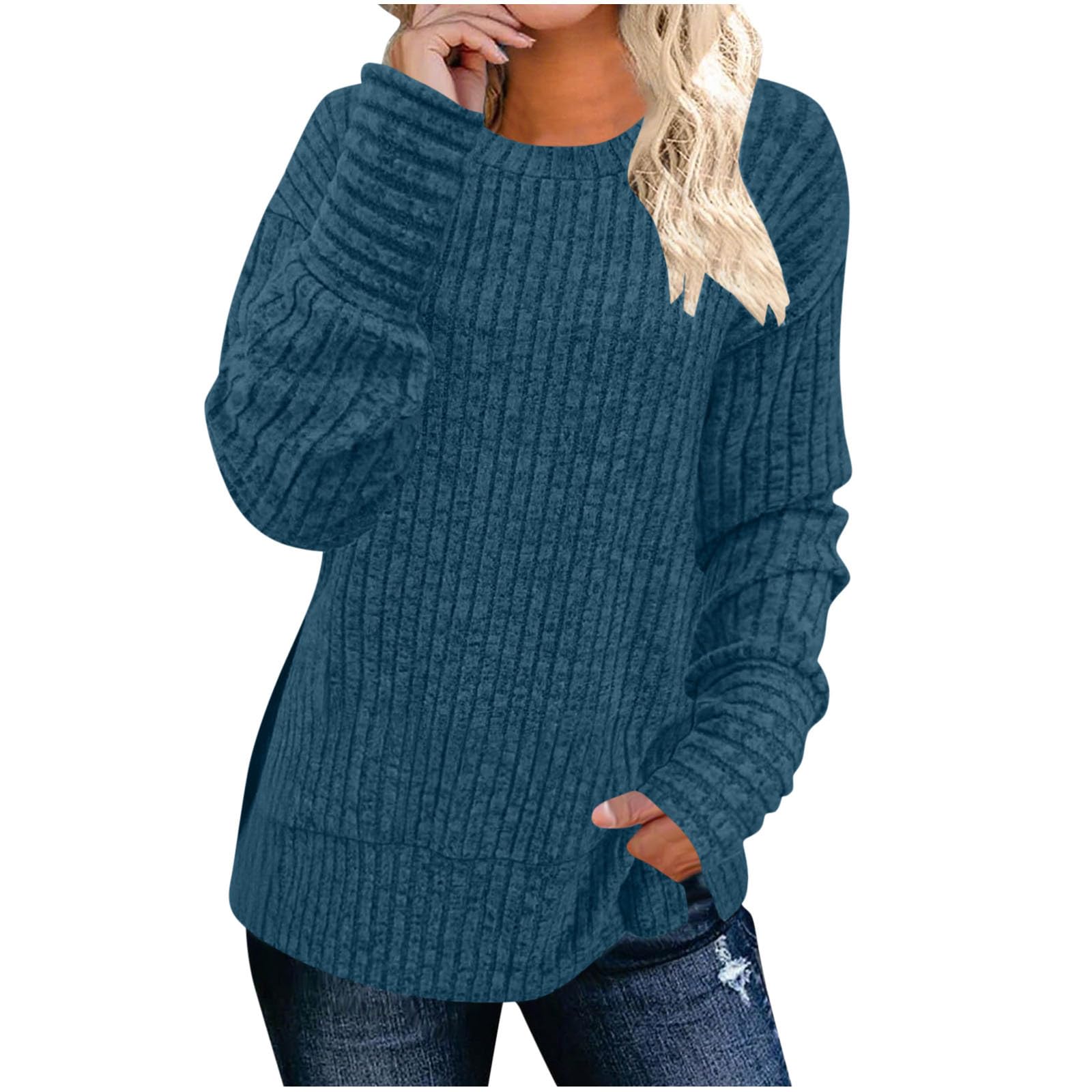 Womens Ribbed Knit Long Sleeve Tops Round Neck Business Casual Pullover Sweaters Solid Color Fall Fashion Blouses