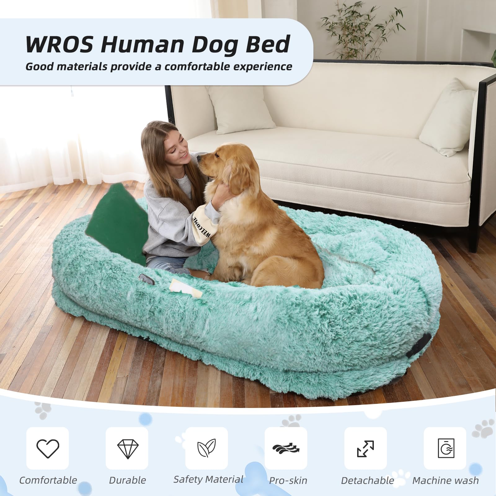 Human Dog Bed, 71''x45''x12'' Size Fits You and Pets, Washable Faux Fur Pet Bed for People Doze Off, Napping Orthopedic Dog Bed, Present Plump Pillow, Blanket, Strap - Pink: 71.0"L x 45.0"W x 12.0"Th GreenWhite