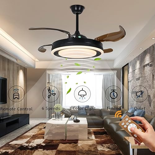 Miniatura 3 de OUKANING Ventilador de techo retráctil de 42 pulgadas, lámpara reversible con luces con motor silencioso remoto, 6 velocidades, 3 cambios de color,