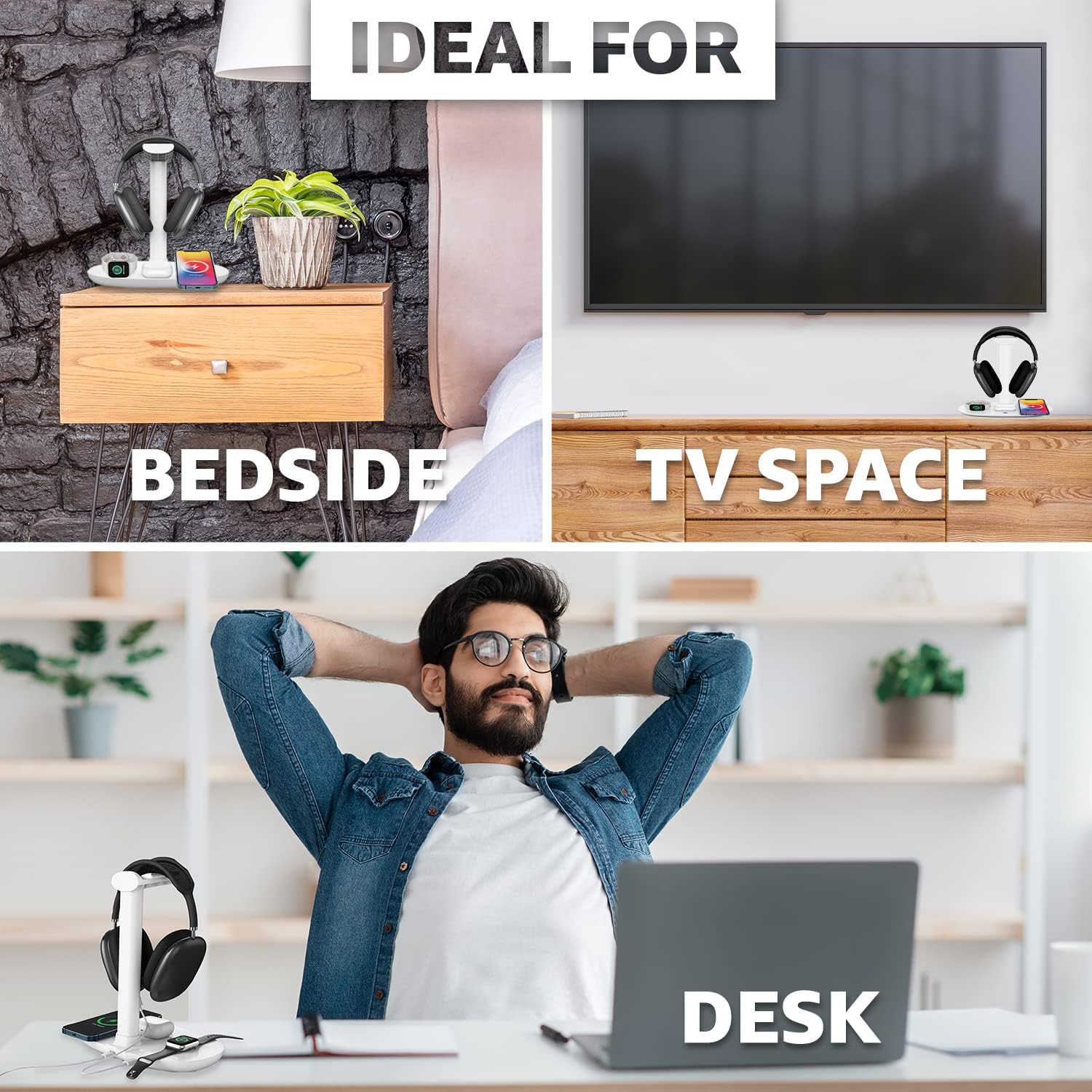 4 in 1 Wireless Charger with Headphone Stand for iPhone 17 16 15 14 13 12 Pro Max, Apple Watch 11 10 Ultra SE, AirPods Max 4 & Samsung S25-15W Gaming Desk Organizer (Adapter Not Included)(White) - Image 3