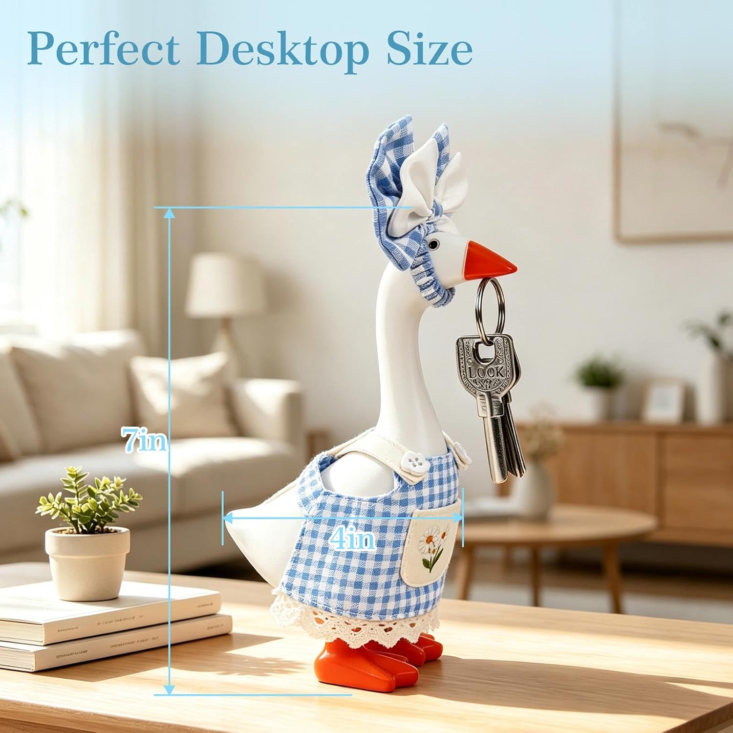 7 Inch Magnetic Desk Goose with Blue Daisy Outfit, Mini Resin Goose Key Holder with Dress-Up Clothes, Cute Desktop Decor for Office Home Bookshelf Entryway image 3