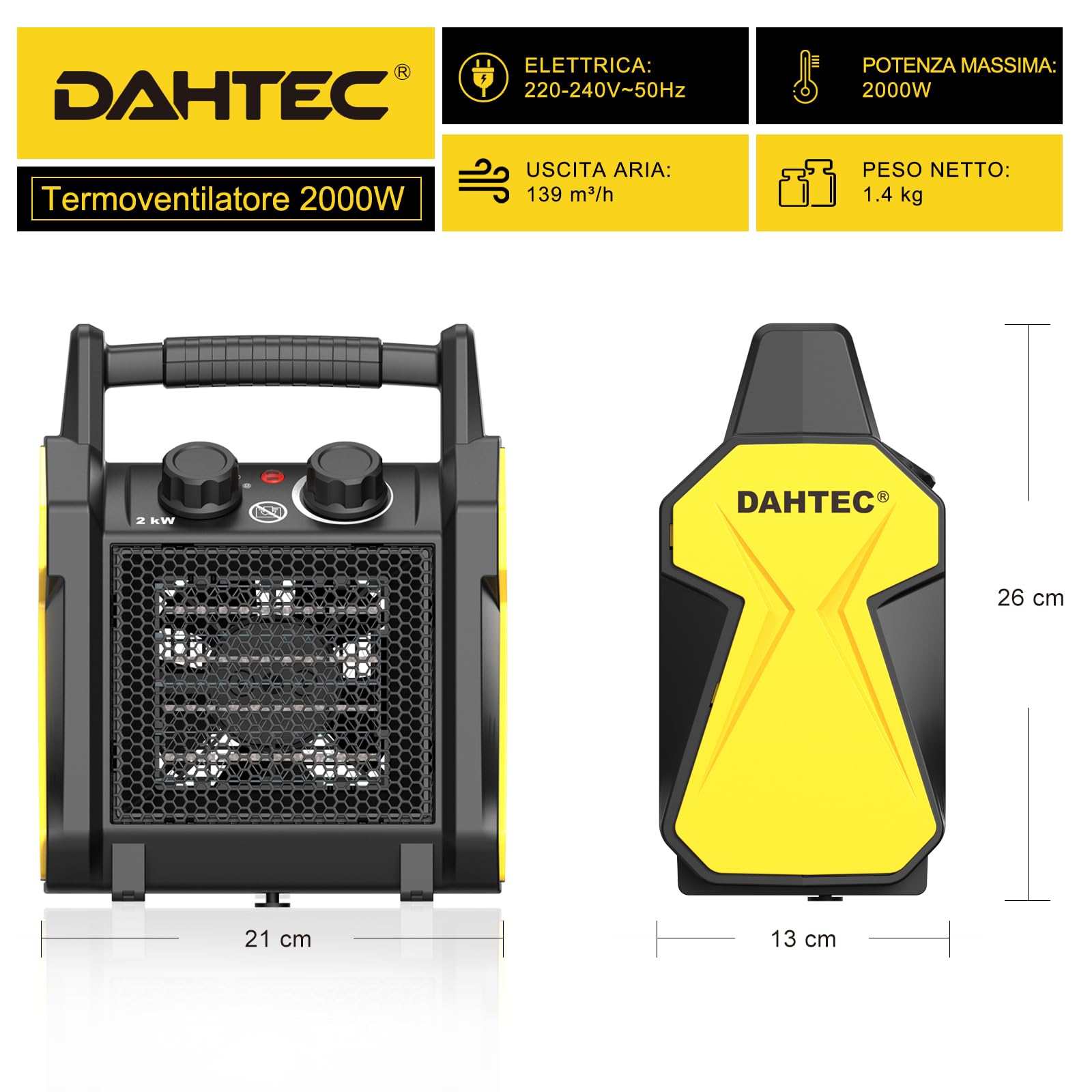 Termoventilatore Ceramico 2000W - Mini Compatto Stufa Elettrica - Protezione dal Ribaltamento & Termostato - per Casa, Bagno o Officina