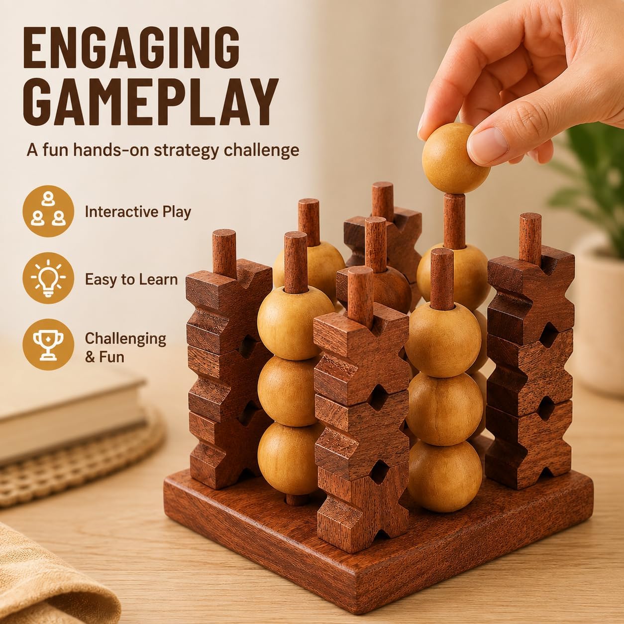 Ajuny 3D Wooden Tic Tac Toe Board Game, 2 Player Strategy Coffee Table Set image 5