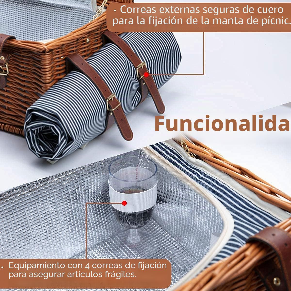 Cesta de Picnic para 4 Juegos - Picnic de Mimbre con Gran Compartimento Aislado y Manta Impermeable y Kit de Servicio de Cubiertos Retro Clásico Sauce Picnic Cesta para Camping al Aire Libre Fiesta