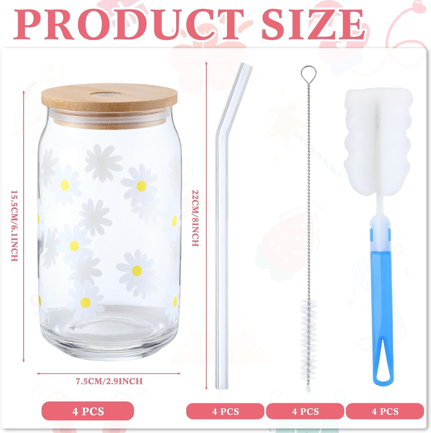 Gerrii 4 Pcs 16 oz Drinking Glasses with Bamboo Lids and Straw Beer Iced Coffee Glasses Daisy Drinking Cups for Coffee Bar, Summer Camping