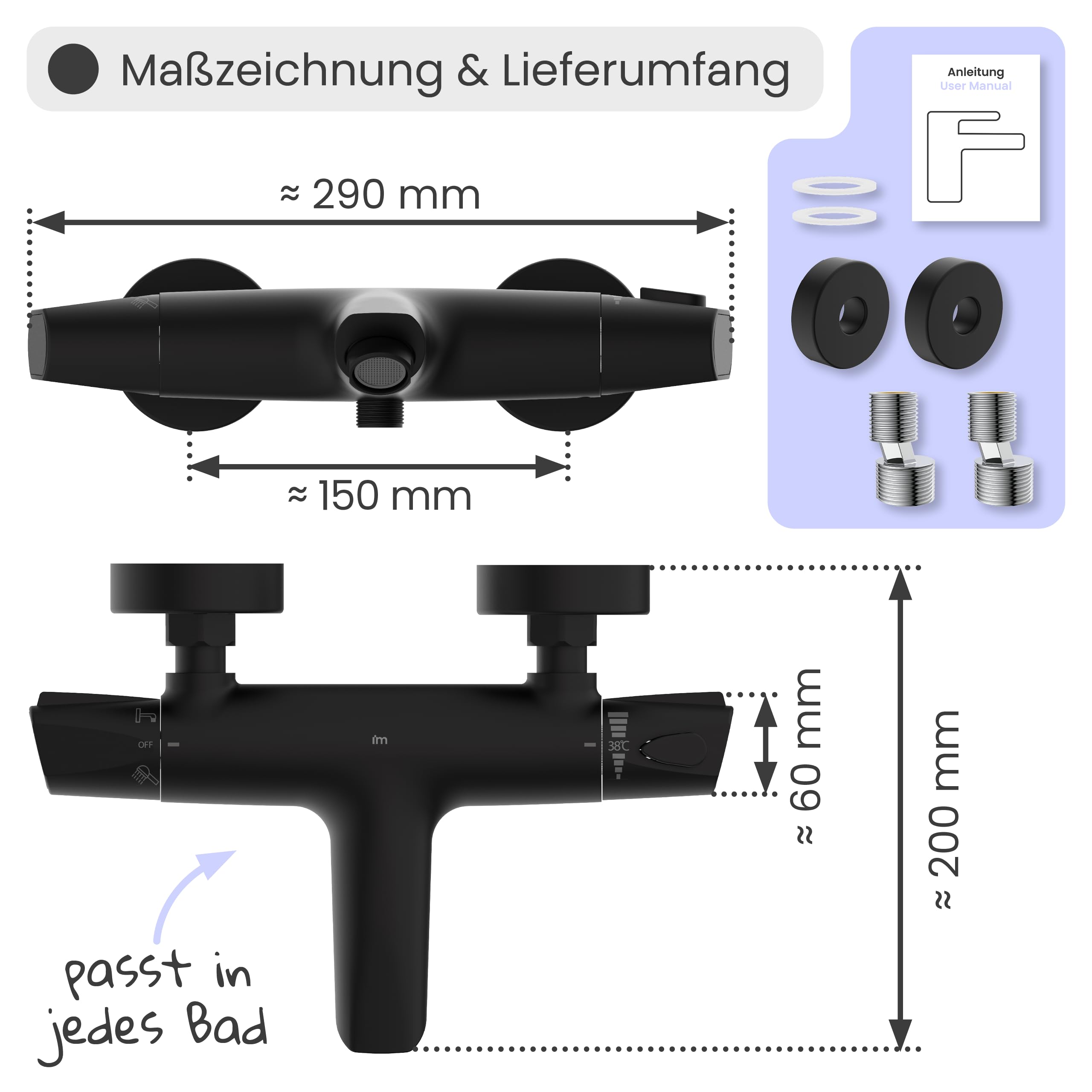 instmaier Beatrice | Wannenarmatur | Thermostat | Verbrühschutz | Schwarz | Wannenfüllarmatur | Thermostatarmatur | Wassersparen | Wannenarmatur Sicherheitssperre/ Verbrühschutz 38° | Einfache Montage