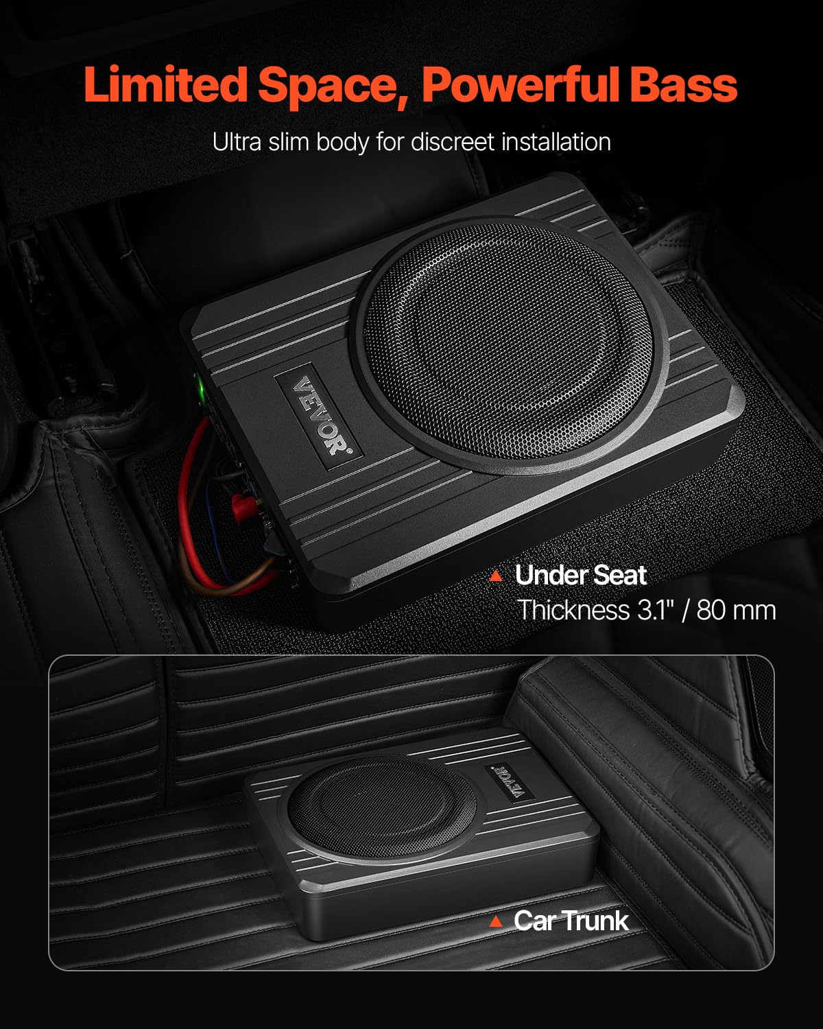 VEVOR Subwoofer per Auto Sotto Sedile, Subwoofer Auto Sottile Sistema Audio a Basso Profilo, Audio con Amplificatore integrato, Ingresso Livello Alto Basso Regolatore del Volume 203 mm e 400W