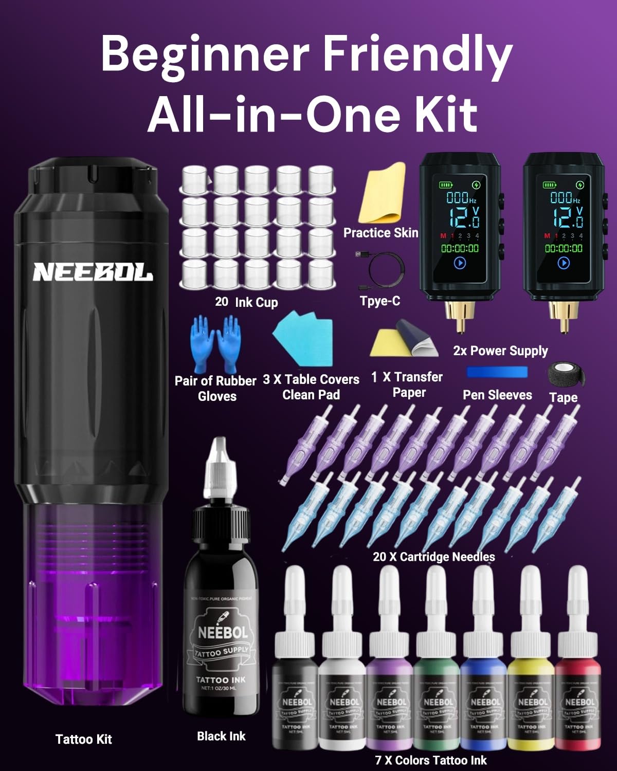 Kit di 2 batterie da 1600 mAh per tatuaggi, kit wireless per macchina per tatuaggi, 20 aghi per cartucce per tatuaggi, set di inchiostro per tatuaggi, forniture complete per tatuaggi per principianti