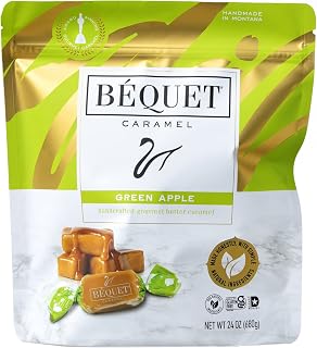 Béquet Caramel - Green Apple Caramel Candy - Gourmet Caramel Candy - Caramel Candy Individually Wrapped - Made in Montana - Kosher (Star D) and Gluten Free - 24oz Resealable Pouch