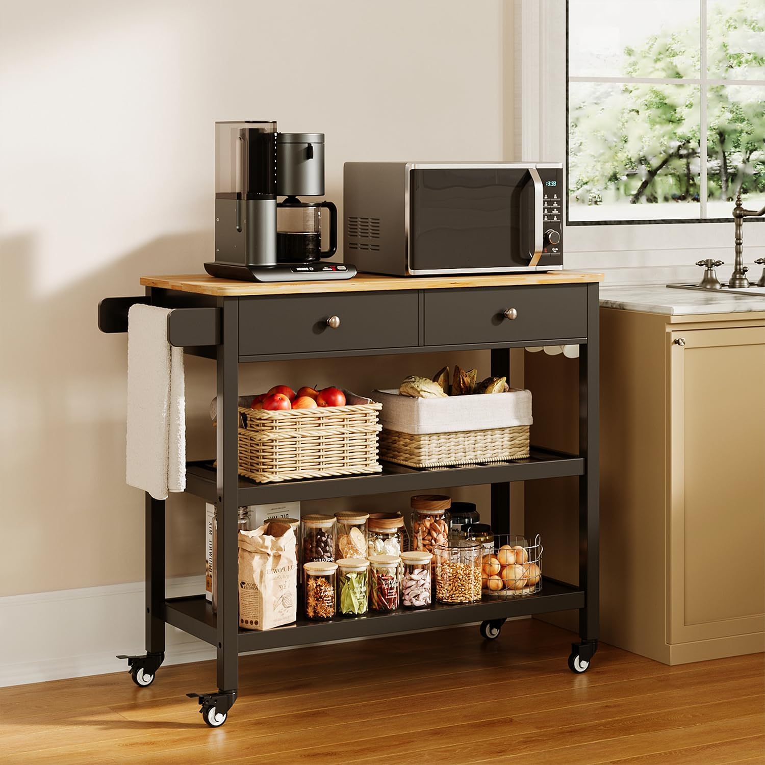 Gizoon Kitchen Island Cart with Storage, 40’’ Wooden Top, 2 Tiers Spacious Shelves and Towel Bar, 2 Drawer Mobile Trolley Cart On Metal Wheels with Hooks for Dining Room, Bar, Outdoor, Black