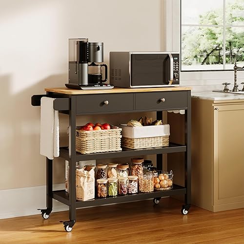 Miniatura 9 de Gizoon Carrito de isla de cocina con ruedas con mesa de madera de 40 pulgadas, 2 estantes de almacenamiento espaciosos y toallero, carrito