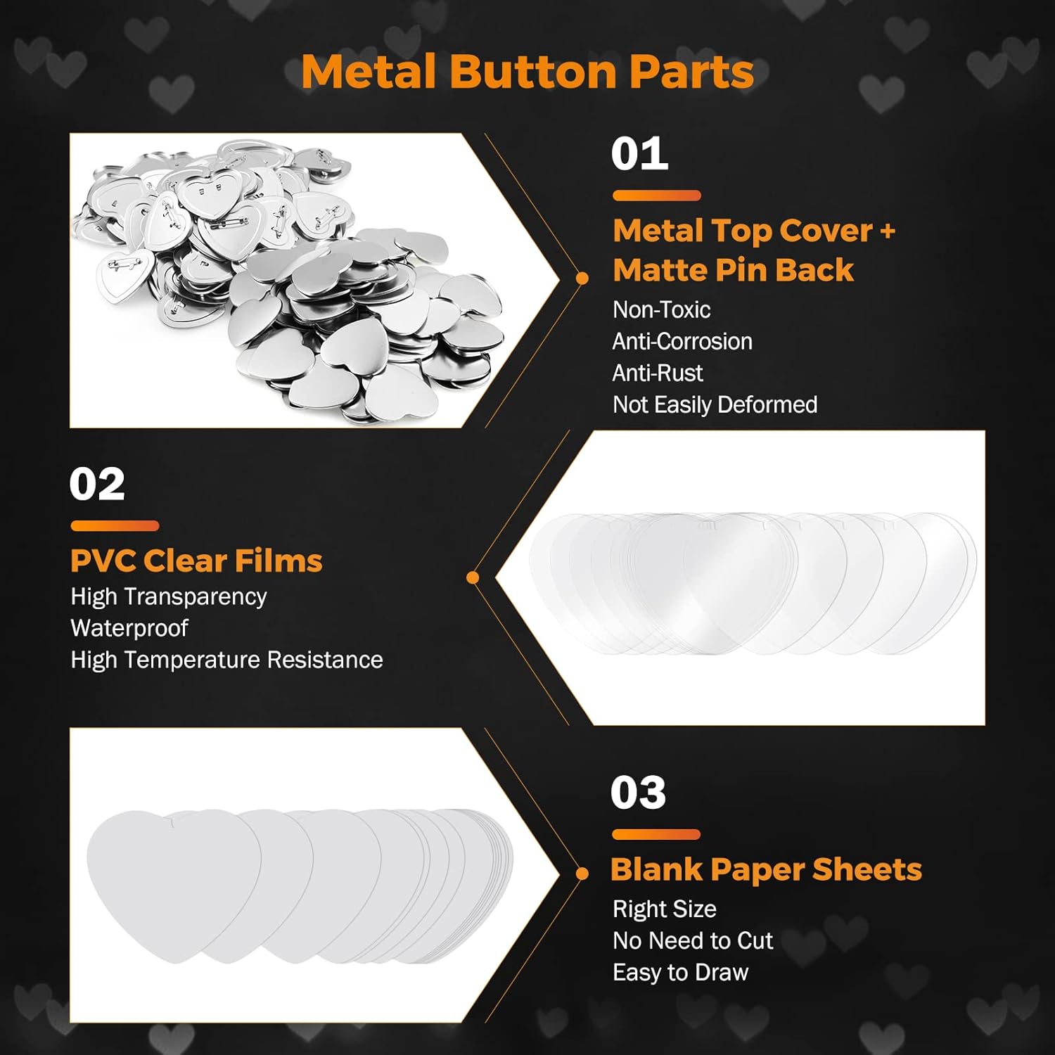 BEAMNOVA 100 Sets of Heart Button Maker Supplies Metal Button Parts for Pin Making Machine Heart-Shaped Bottom Pin Set, Every Set Includes Top, Clip Bottom & Plastic Film