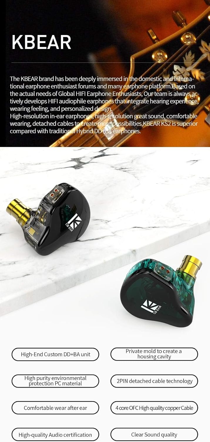 keephifi Wired Earphone KBEAR KS2 Wired Headphone 10mm Composite Diaphragm Unit in Ear Monitor with Detachable Cable HiFi Bass Earbud Noise-Isolating Headset for Audiophile Musician (with mic, Black)