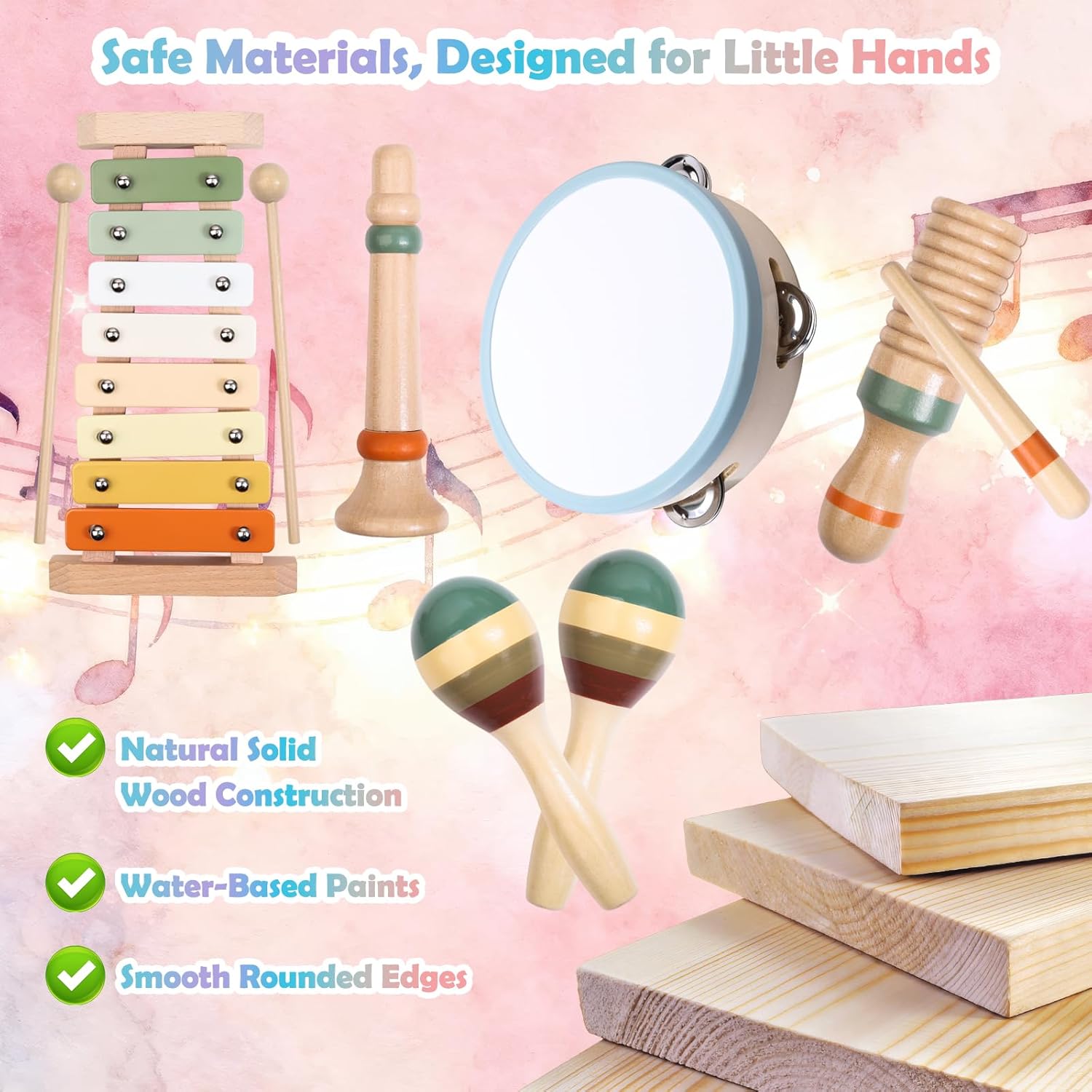 Wooden Musical Instruments Set for Toddlers 1–3, Montessori Music Toys with Xylophone, Maracas & Tambourine, Soft Sound Indoor Percussion Toys, Early Learning Gift for Boys Girls