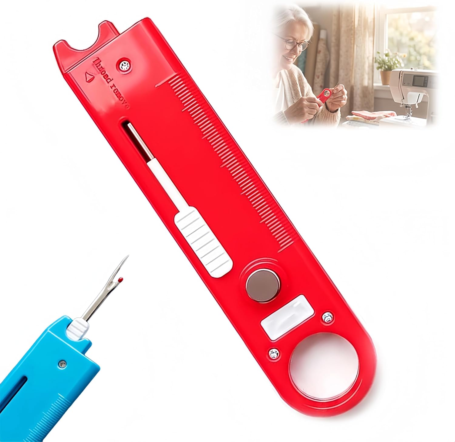 4-in-1 Sewing Threader Tool with Seam Ripper, Quick Automatic Needle Threader, Magnetic Sewing Guide with Magnifying Glass for Easy Easy Stitch Removal，Red