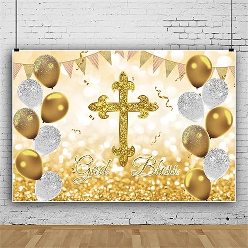 Miniatura 3 de OERJU Telón de fondo de 7 x 5 pies para fiesta de bautismo, primera comunión, fondo de bautizo, globos de cruz dorados con purpurina dorada, baby