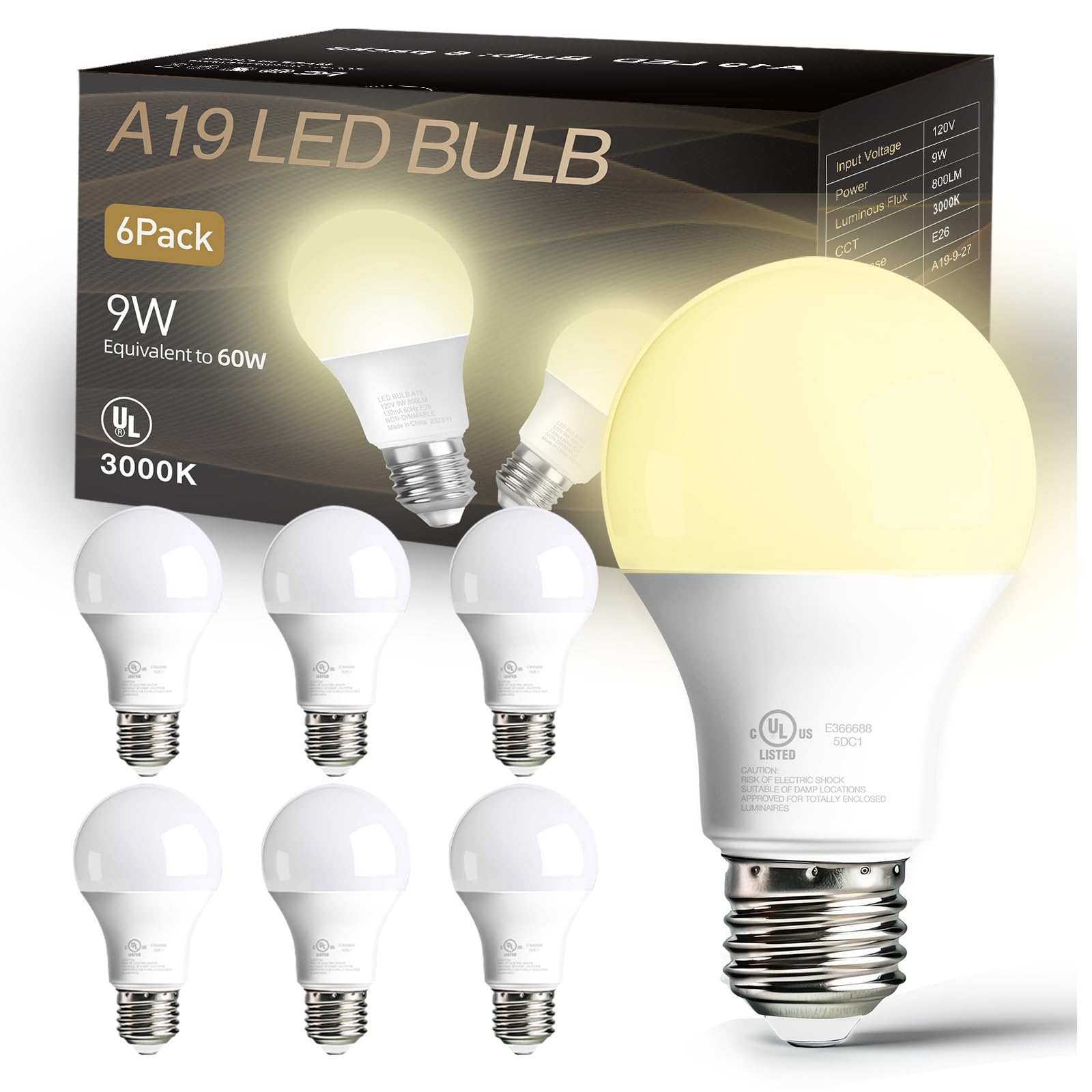 dalattin 6 Pack LED Light Bulbs A19 E26 60 Watt Equivalent Warm White 3000K Standard Lightbulb, 800 LM, Efficient 9W Energy Saving, Non-Dimmable, 80+ CRI, 120V, UL Listed, for Indoor