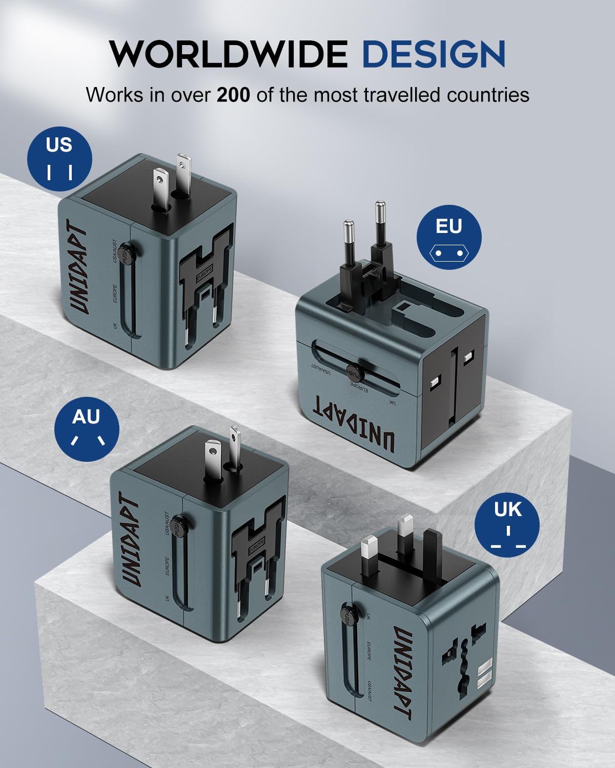 Unidapt Universal Travel Adapter, 4 in 1 International All in One Travel Charger Adapter for US, UK, Europe, AU, Worldwide Travel Adapter, Multi Adapter Plug-1 PD, 2 USB+Type C Port — Amazon image 2