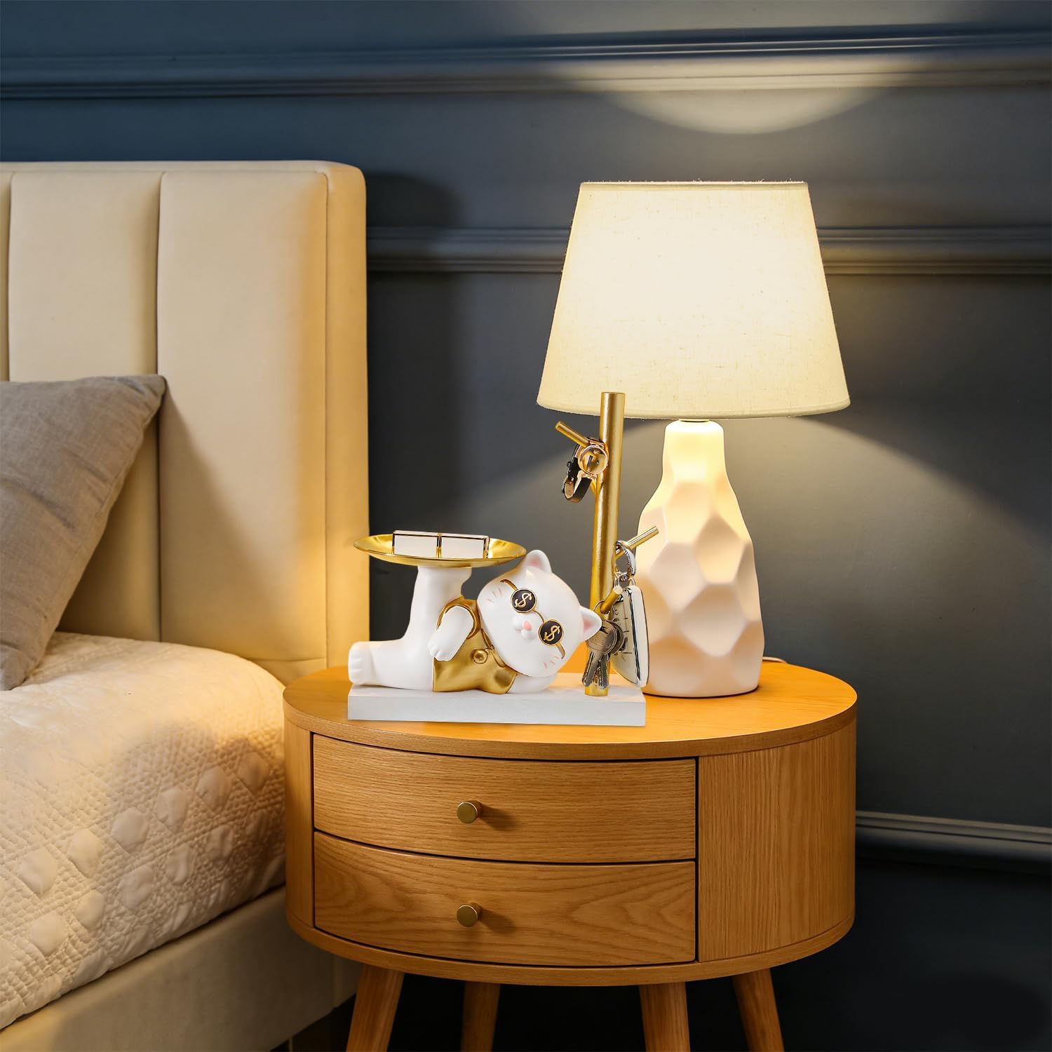 Tissting Entryway Key Storage Ornament Cartoon Cute Table Storage Tray Modern Decor Catchall Tray with Stand Hanging Organizer,for Key,Phone,Bracelets Watches (Side Lying Cat 23.5x13.5x27cm)