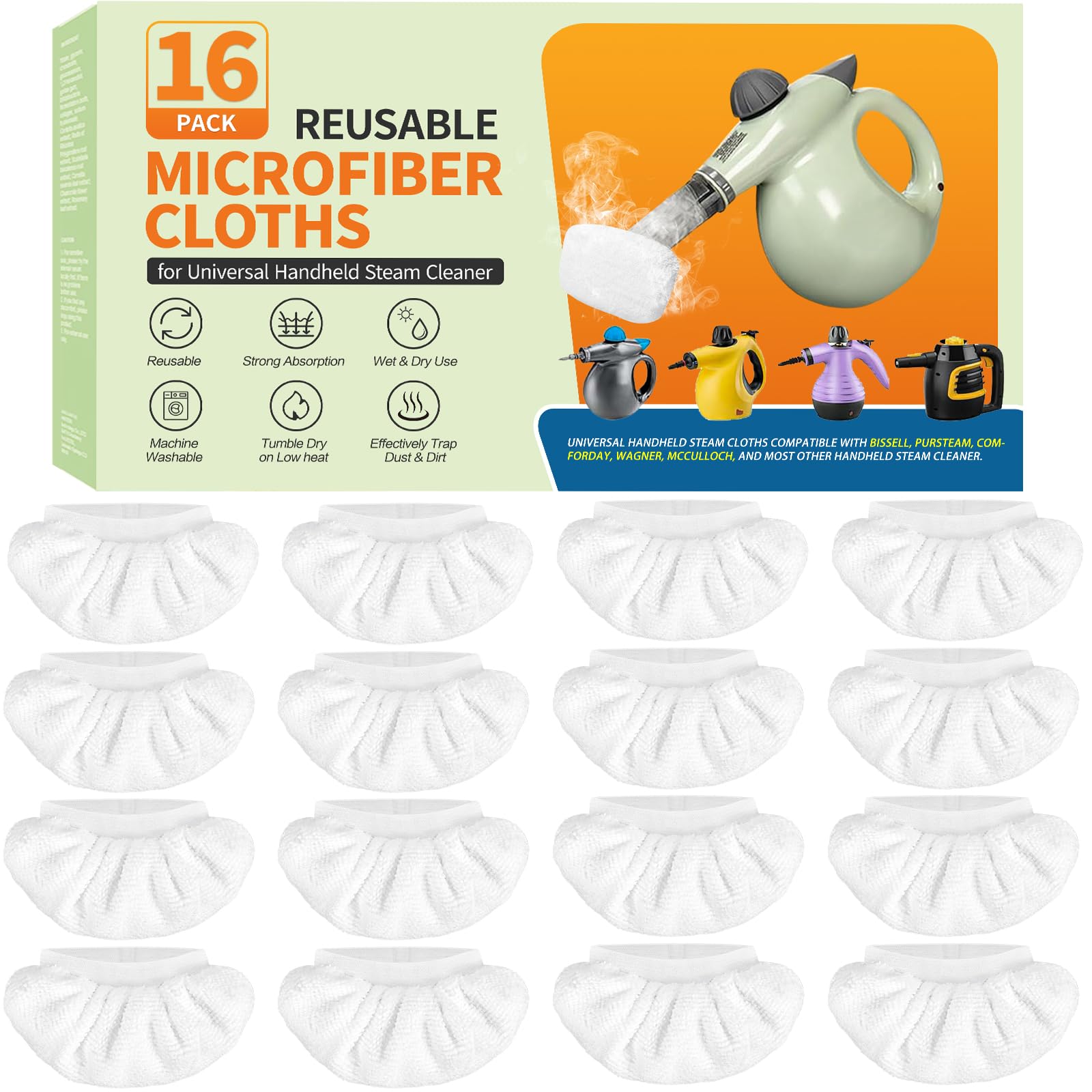 View 1 of 16-Pack Universal Microfiber Cloths, Handheld Steam Cleaner Attachments - Steam Cleaner Accessories Compatible with Bissell Steam Shot, Wagner, McCulloch, Comforday, PurSteam and More
