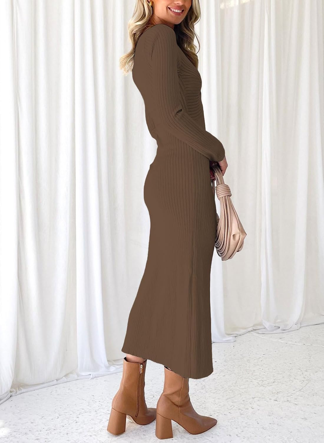 RAISECOM Womens Ribbed Knit Maxi Dresses Long Sleeve V Neck Casual Sweater Dress Bodycon Midi Dress - Image 5