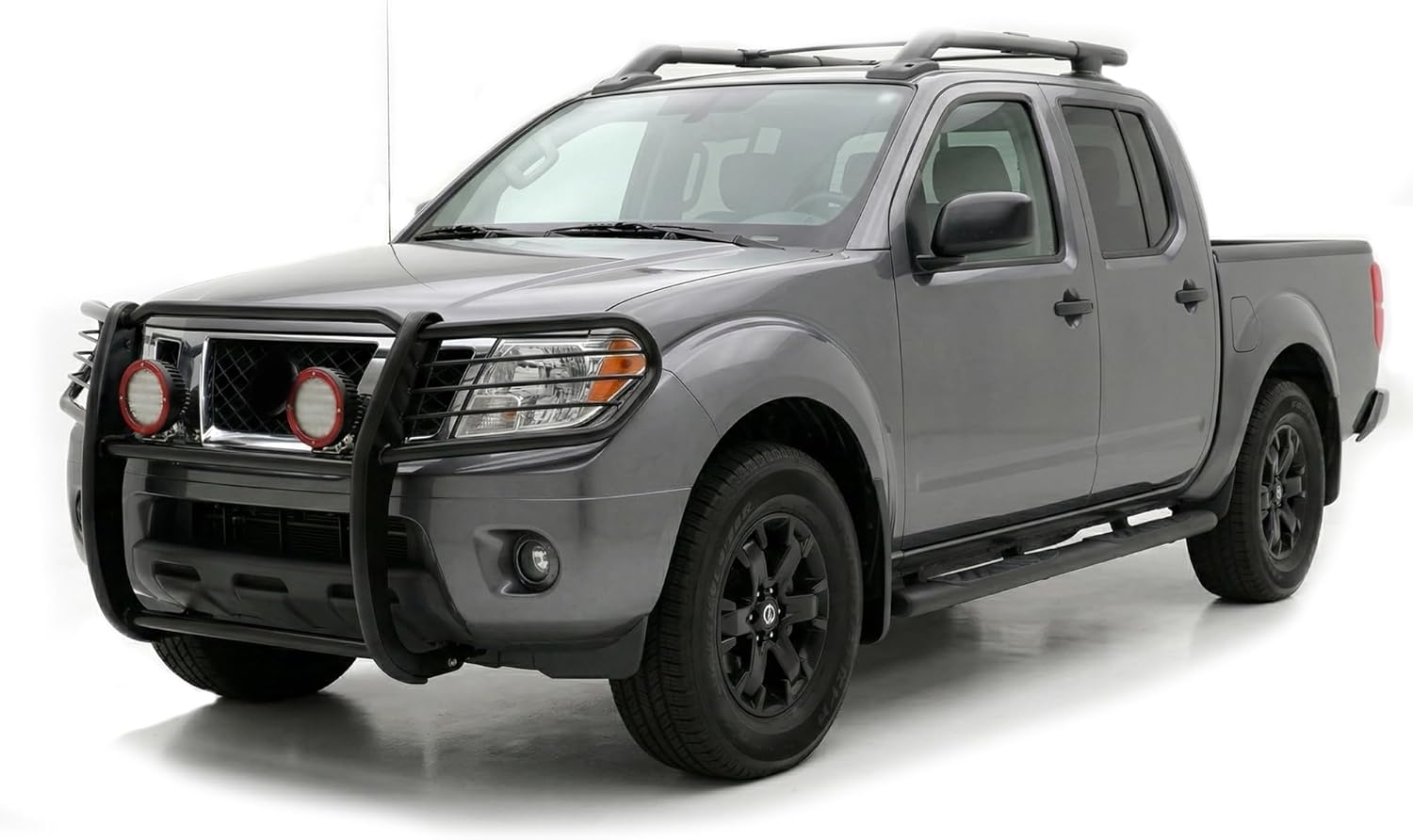 Black Horse Grille Brush Bumper Guard Modular Black Come with Pair of 5.3" Dia.LED Lights with Red Trim Rings Compatible with 2005-2021 Nissan Frontier|2005-2007 Nissan Pathfinder-17A110200MA-PLFR