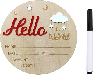 Baby Announcement Sign, 5.9 Inch Wooden Hello World Newborn Signs, Birth Announcement Sign, Cloud and Stars Decoration, Welcome Newborn Arrival To World, Hospital Nursery for Baby (Red)