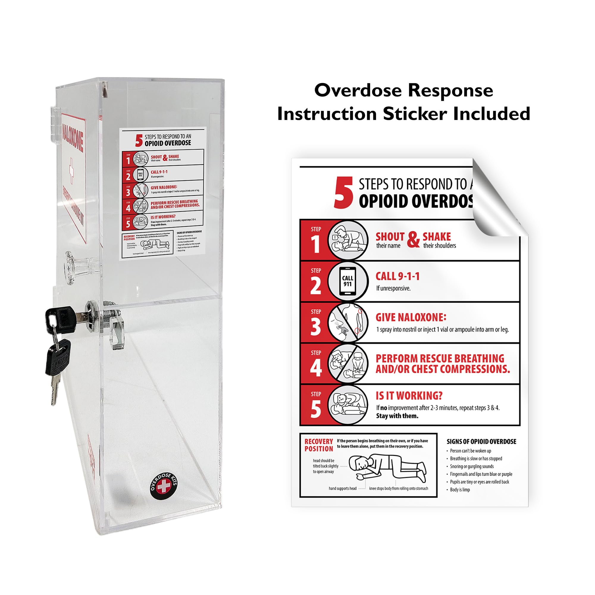 Kit de emergencia de sobredosis de naloxona para montaje en pared, diseñado a medida para espacios públicos para contener 6 cajas y accesorios de naloxona, incluyendo kits de primeros auxilios o
