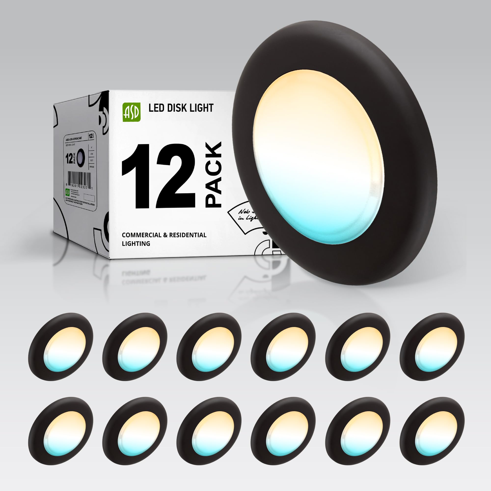asd 12 pack led disc lights 4 inch, 10w 5cct 2700k-5000k 685lm cri90+, dimmable downmount ceiling light fixture, low profile surface mount disc, can load junction box or flush ul