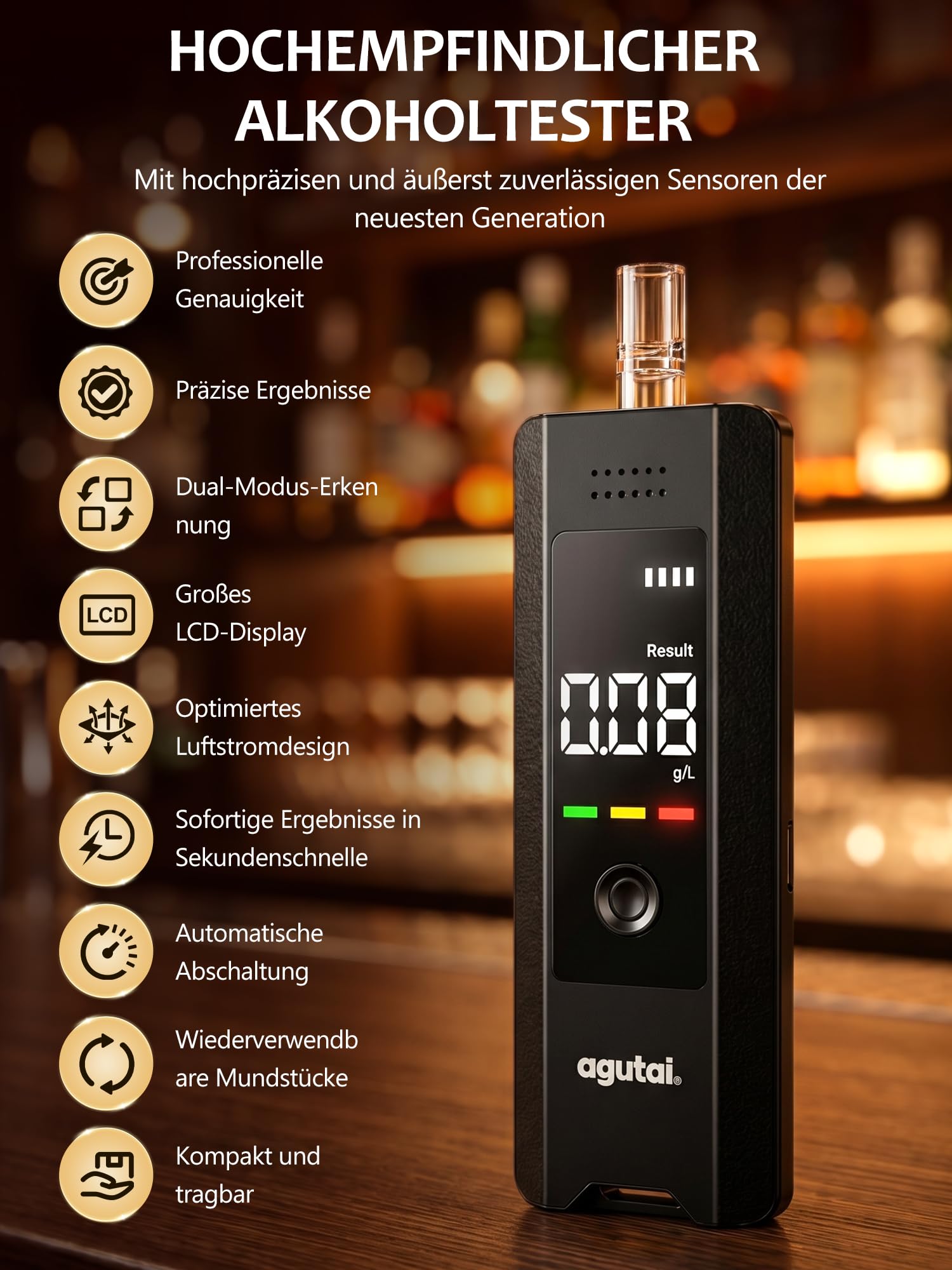 Alkoholtester Polizeigenau Professioneller Alcohol Tester : Hochpräziser Promillemessgerät Zwei Messmethoden mit Digitaler LCD-Anzeige - Tragbarer Atemalkoholtester USB-C-Aufladung mit 10 Mundstücke