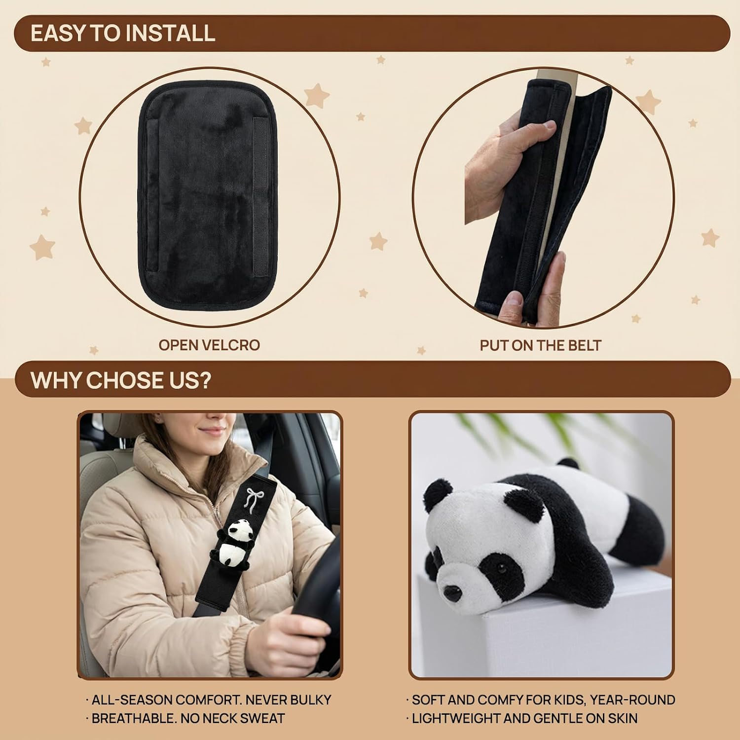 2Pcs Panda Car Belt Cover, Cute Animal Safety Plush Seat Belt Decor for Neck Protector, Non-Fade and Medium Thickness Cover for Family - 9.8 Inch (Lying Down Panda)
