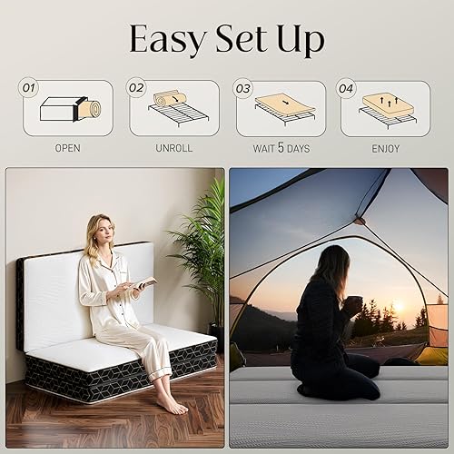 Miniatura 7 de Colchón individual de espuma viscoelástica de tres pliegues, colchón plegable portátil de 4 pulgadas con asa y funda lavable, cama de piso con base