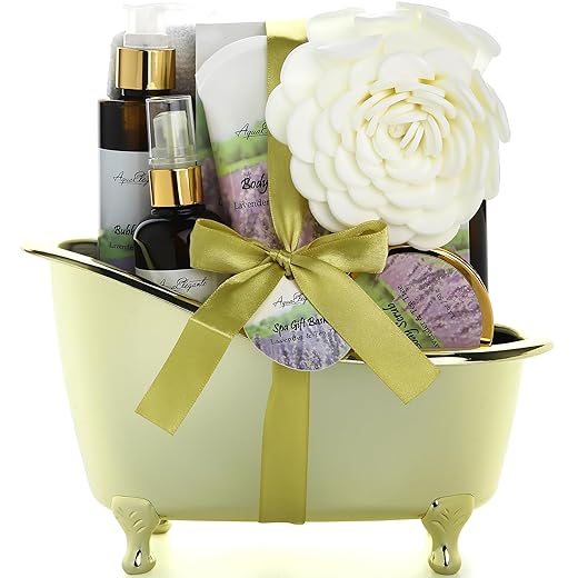 Aqua Elegante Cestas De Spa Para Mulheres - Kit De Banho De Luxo Com Óleos De Lavanda E Melaleuca - O Kit Inclui Sabonete Líquido, Espuma De Banho, Loção Hidratante, Sais De Banho, Esfoliante