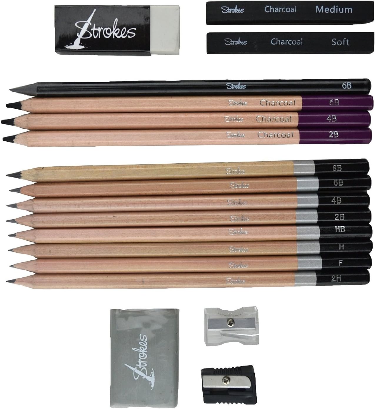 S Art Supplies 18 Piece Sketch & Draw Pencil Set, Charcoal Sticks/Erasers and Sharpeners (VC-700)