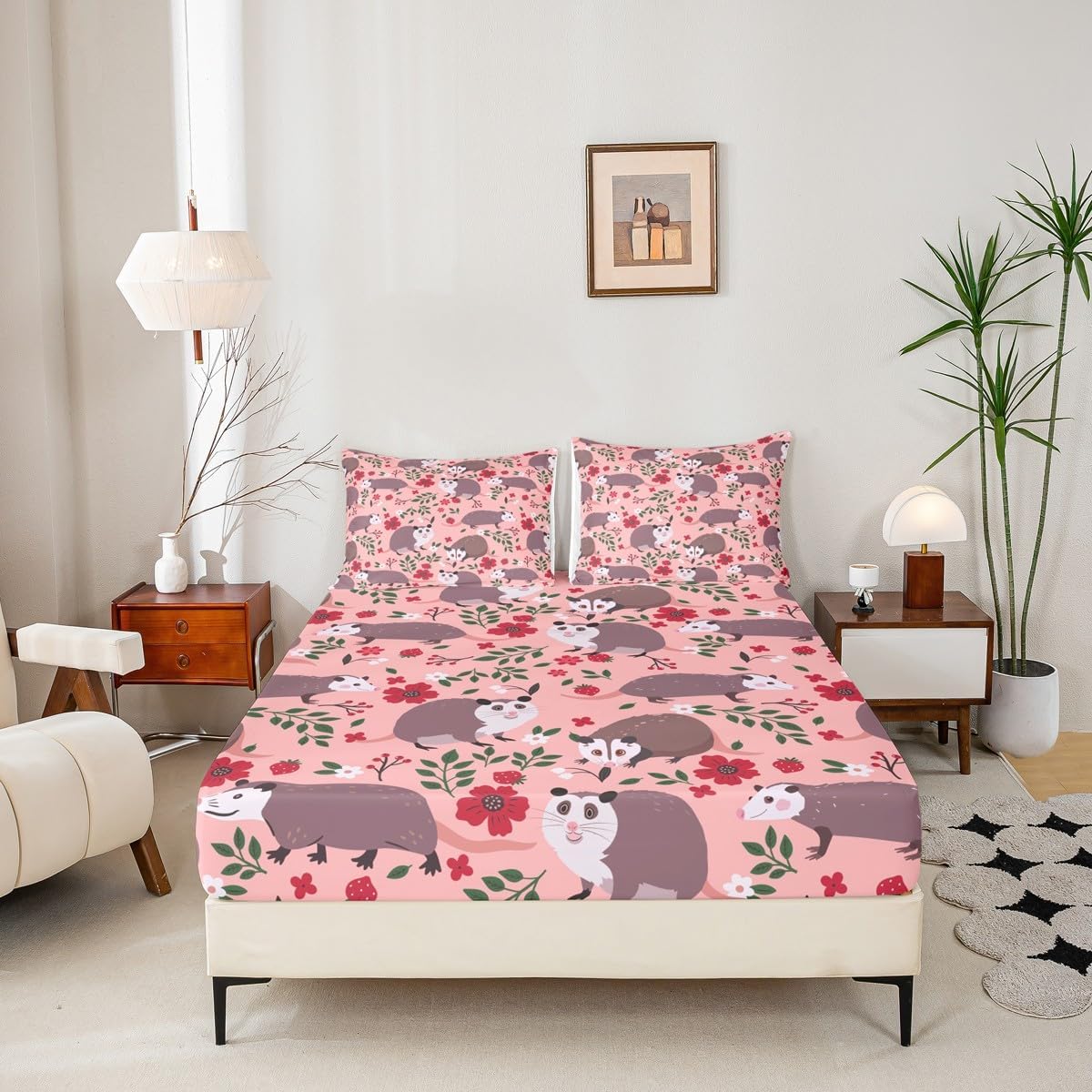 Opossum Bedding Set Twin Size Cute Possum Animal Bed Set for Teens Bedroom Decor Kids Sheet Microfiber Watercolor Flower Pink Bed Cover(1 Fitted Sheet+1 Pillow Case) No Flat Sheet image 5