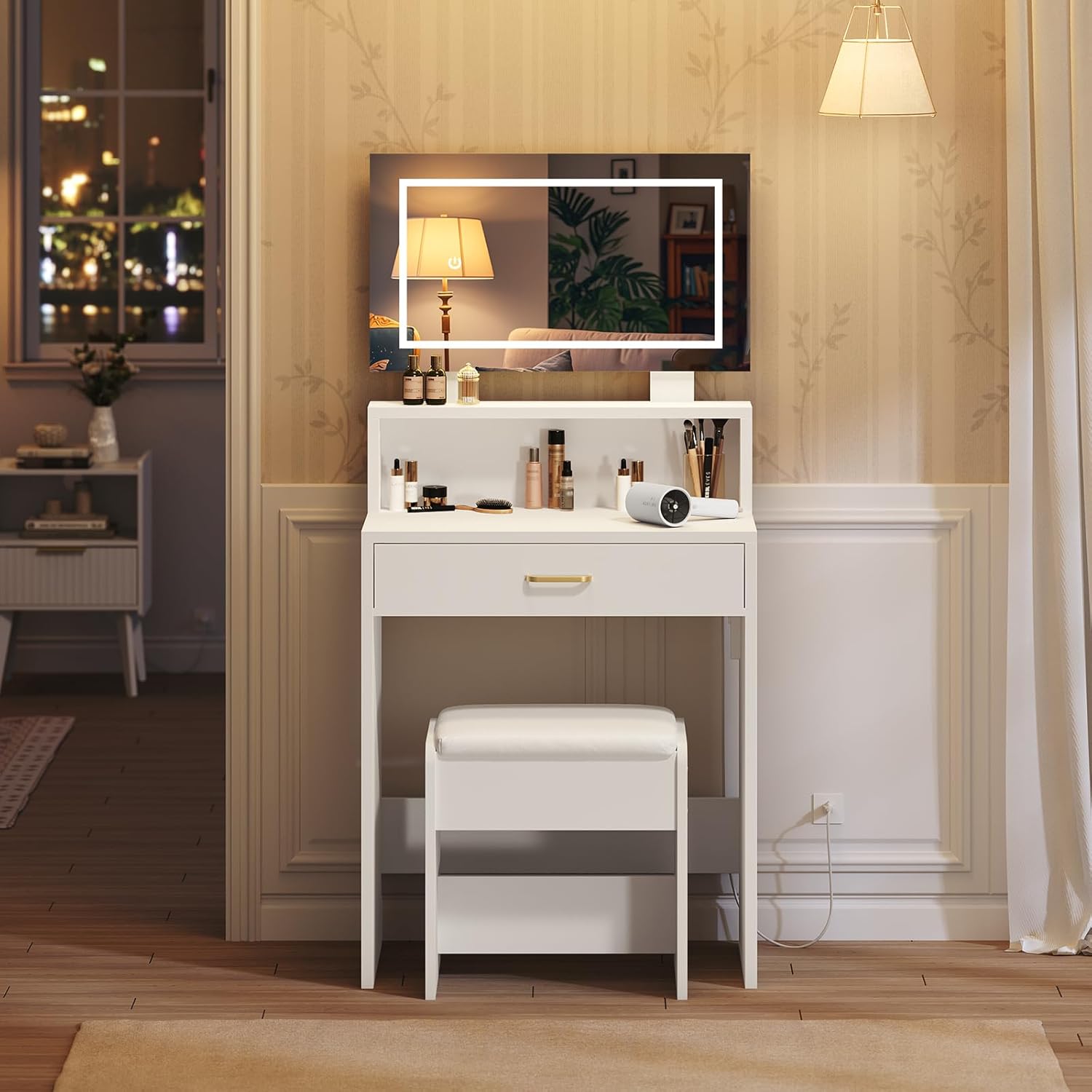 White Makeup Vanity Desk with Mirror and Lights, Vanity Table and Stool Set, Modern Ample Storage Dressing Table with Power Outlet and Drawer, 2 AC Outlets, 2 USB Ports, for Bedroom